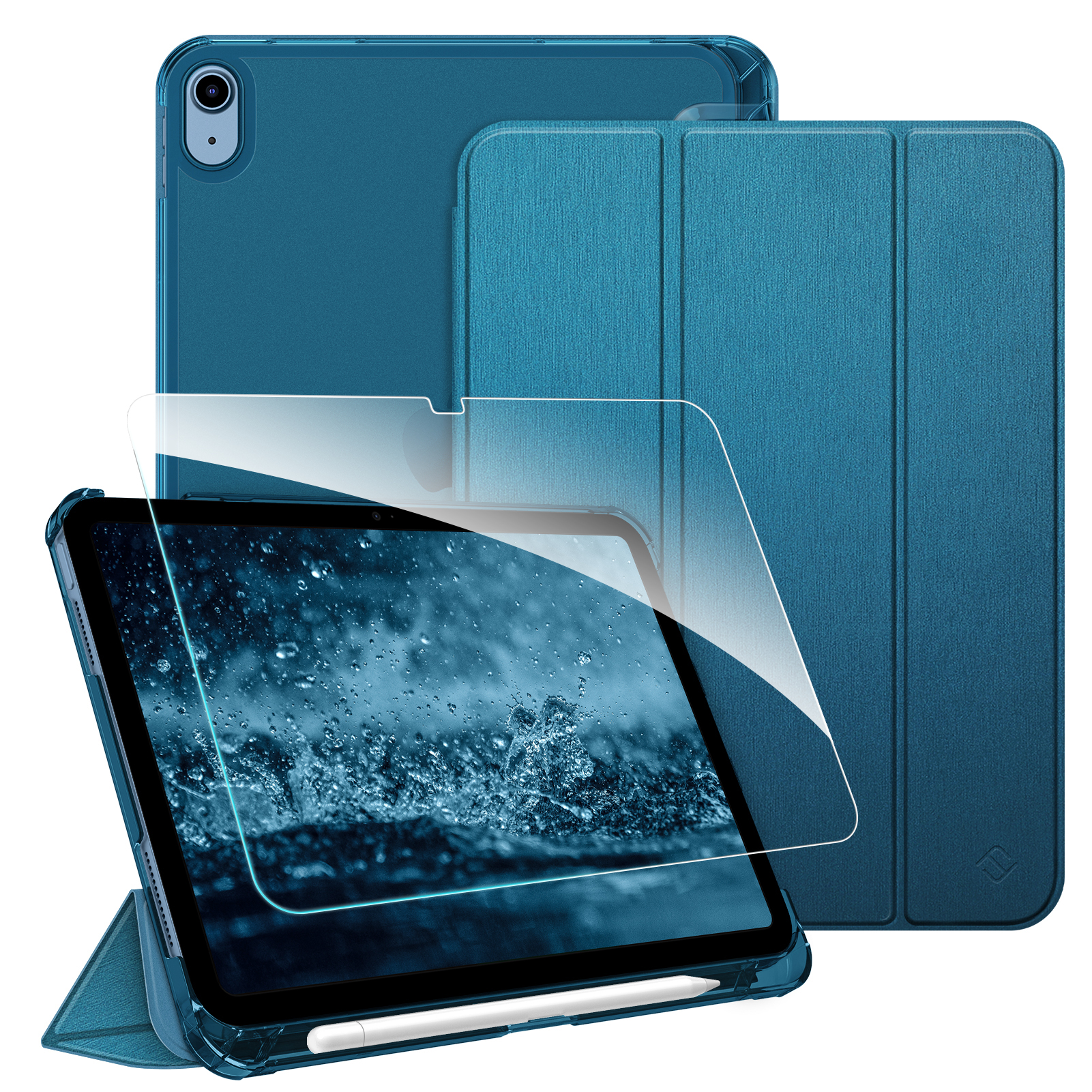 Ein blaues Tablet wird mit Displayschutz und Hülle angezeigt. Im Hintergrund sind zwei weitere Hüllen, alle in blauer Farbe.