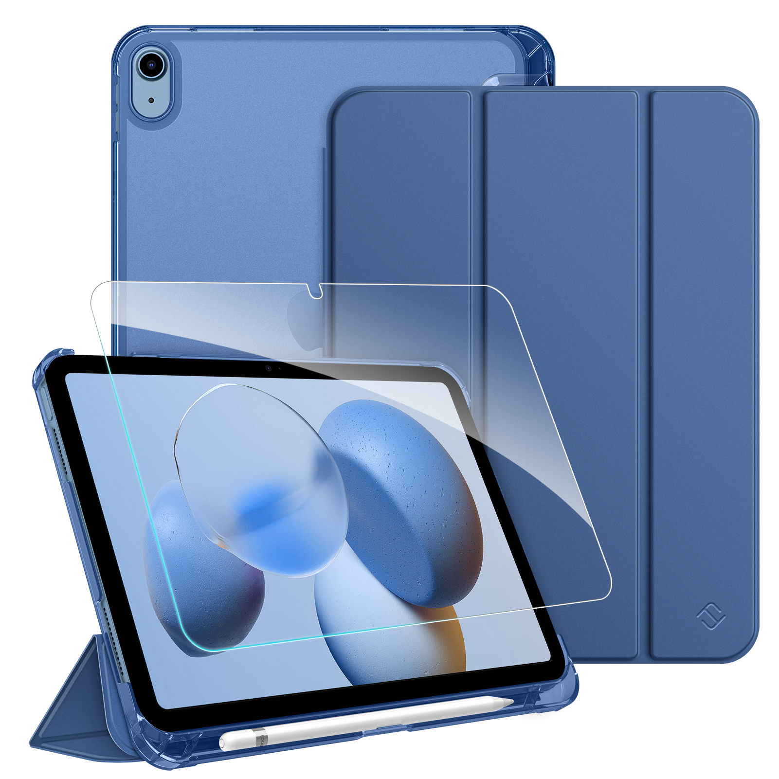 Ein blaues Tablet mit Displayschutzfolie und Hülle. Enthält auch einen Stift und eine geschlossene Hülle im Hintergrund.