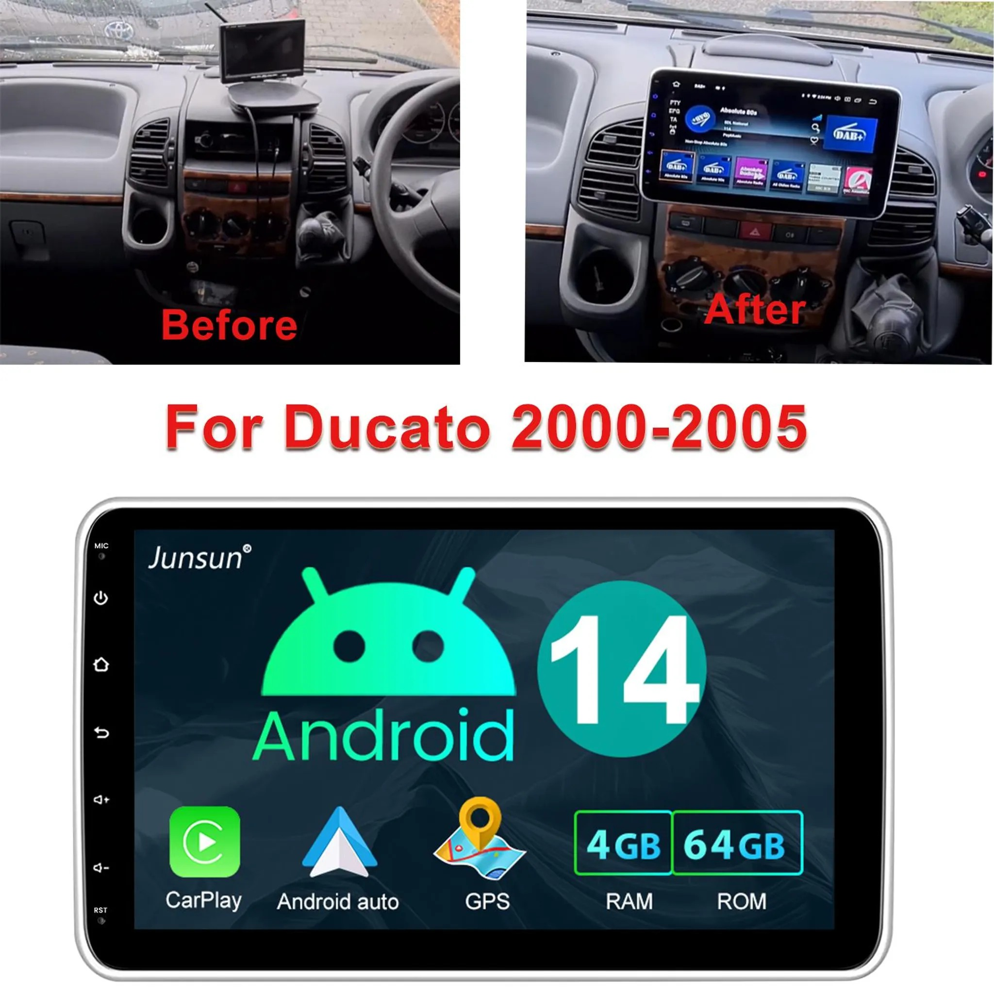 Das Bild zeigt ein Armaturenbrett vor und nach einer Modifikation. Das Nachbild zeigt einen großen Android-Bildschirm.