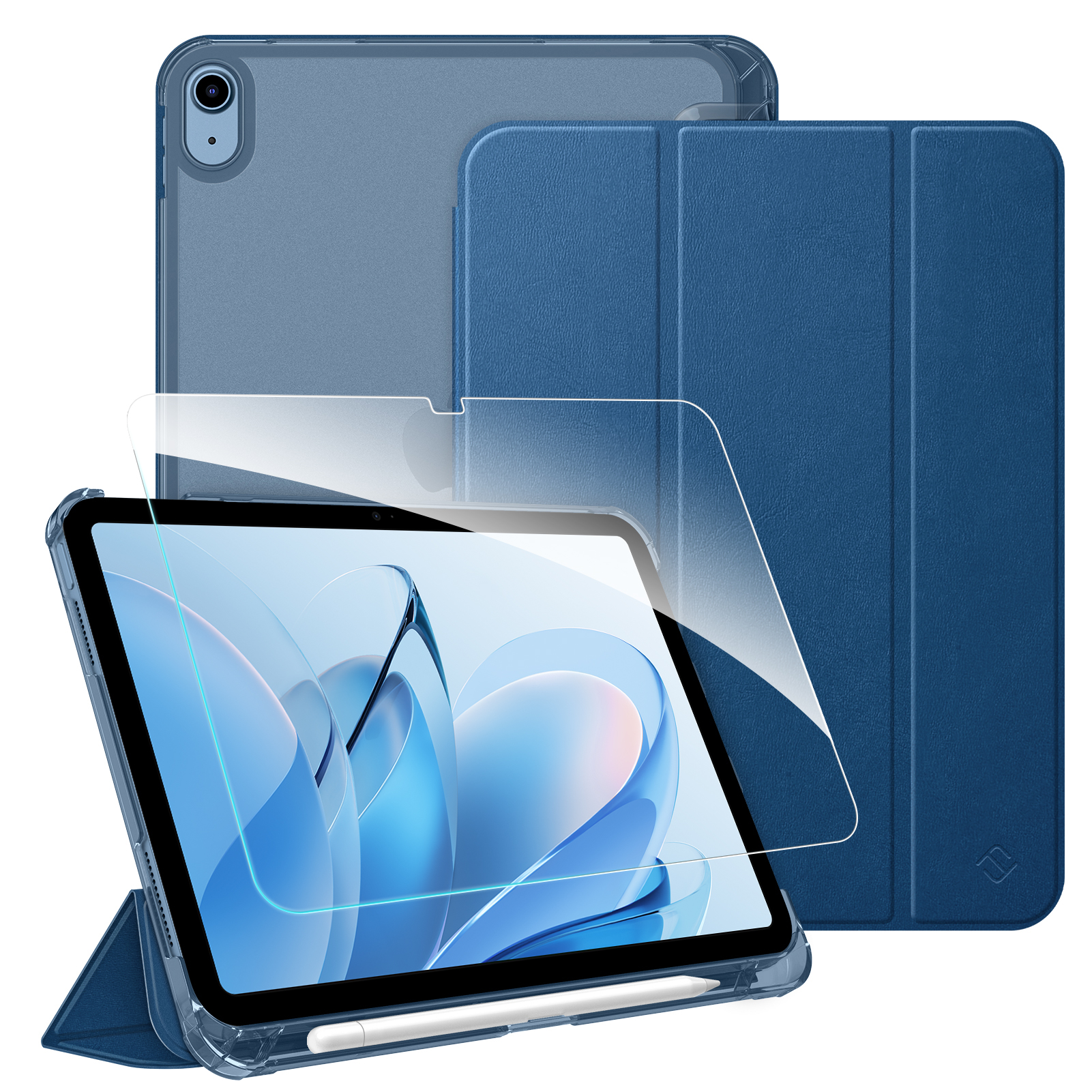 Ein iPad mit Displayschutz, Hülle und Stift. Das iPad befindet sich in einer blauen Hülle, der Bildschirm zeigt Grafik.