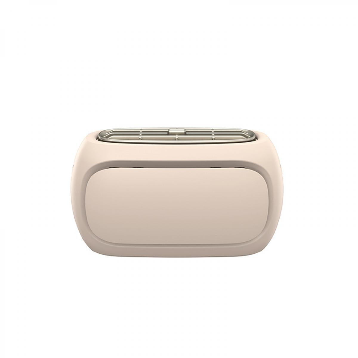 Ein beiger Toaster auf weißem Hintergrund. Er hat eine abgerundete Form mit einem Schlitz oben und einer großen, rechteckigen Öffnung vorne.