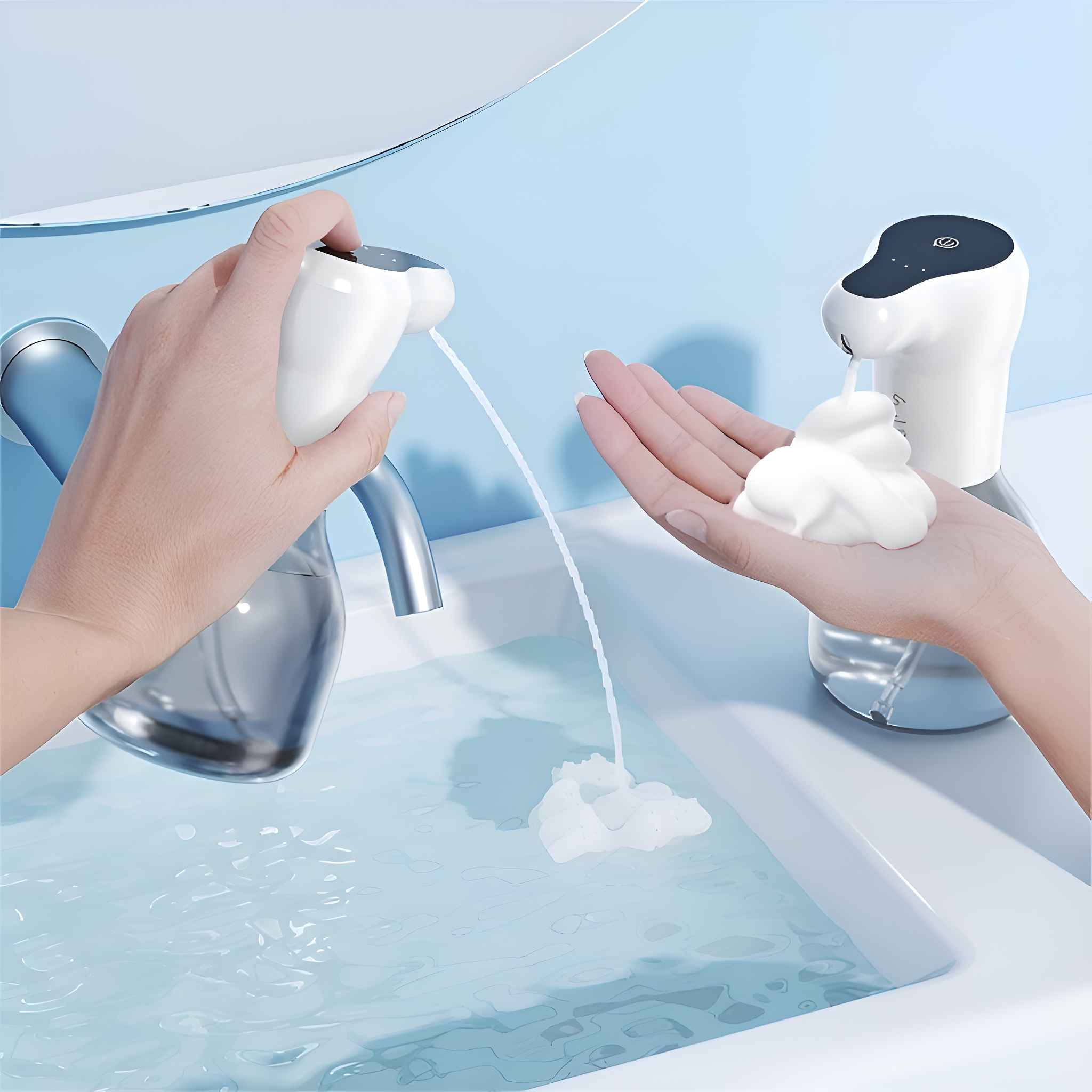 Hände, die Schaumseife aus zwei Spendern in ein Waschbecken abgeben. Wasser und ein Spiegel sind im Hintergrund zu sehen.