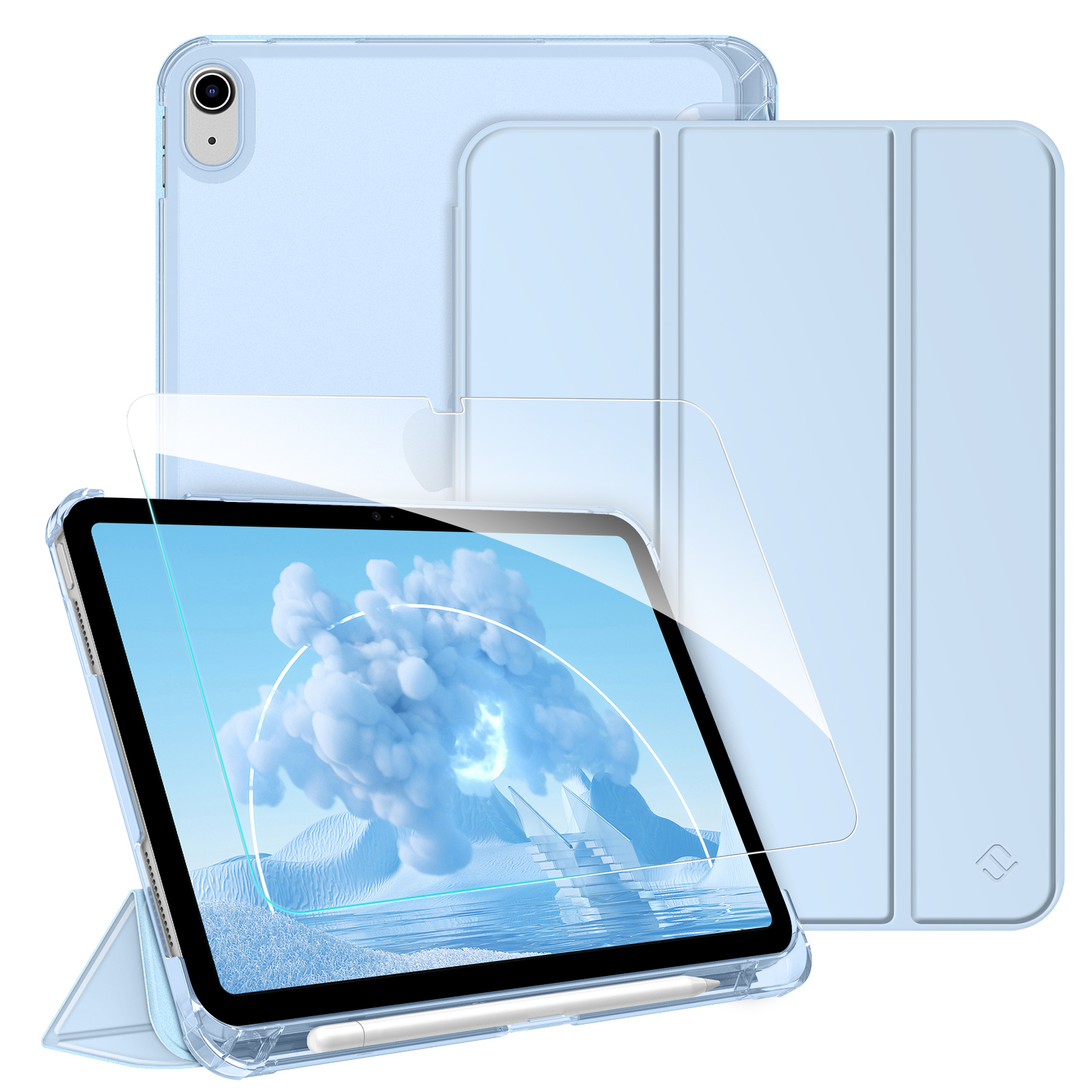 Ein hellblaues iPad in einer durchsichtigen Hülle mit Displayschutz. Eine iPad-Hülle und ein Stift sind ebenfalls sichtbar.