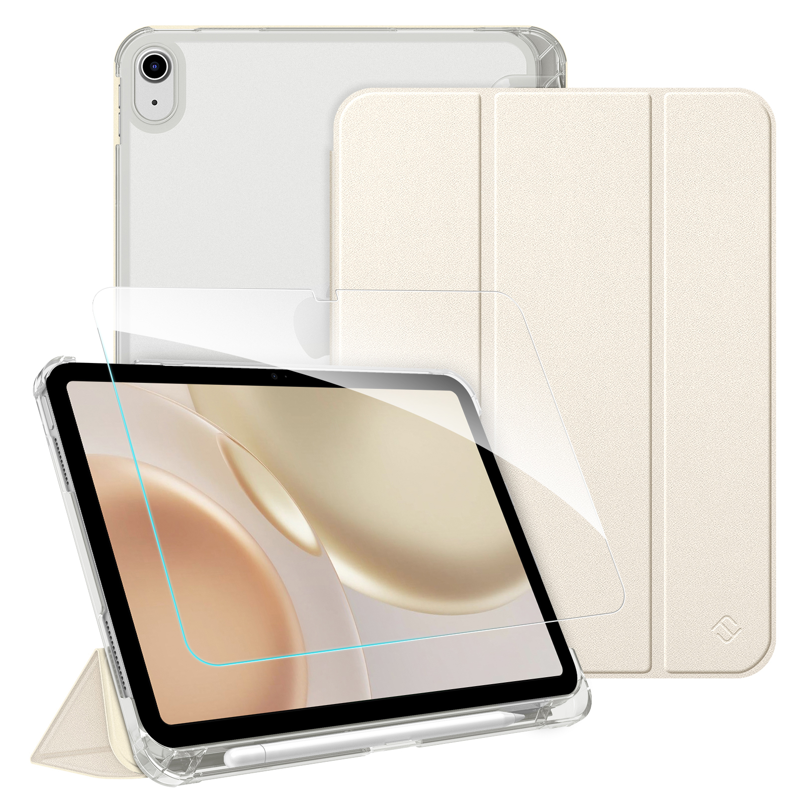 Ein iPad mit Displayschutz, klarer Hülle und beiger Hülle wird gezeigt. Ein Stift ist sichtbar. Der Hintergrund ist weiß.