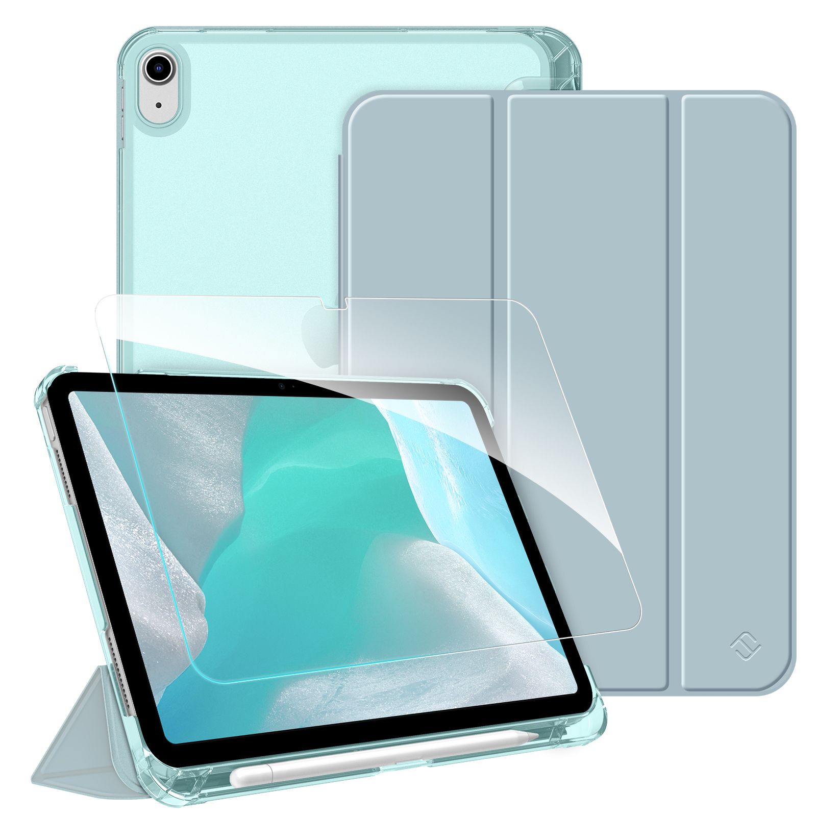 Ein iPad mit Displayschutz und Hülle. Die Hülle ist transparent und hellblau, die Displayschutzfolie ist klar.