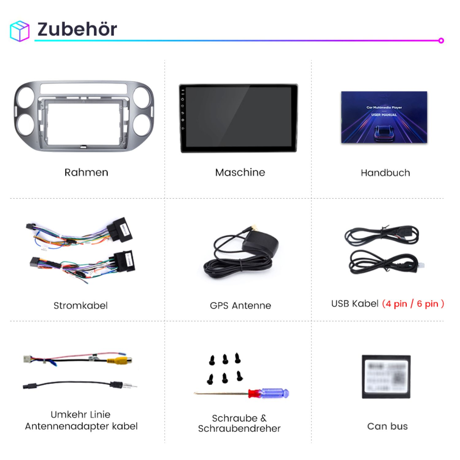 Verschiedenes Autoradio-Zubehör: Rahmen, Maschine, Handbuch, Kabel, Antenne, USB, Adapter, Schrauben, Schraubendreher und Can-Bus.