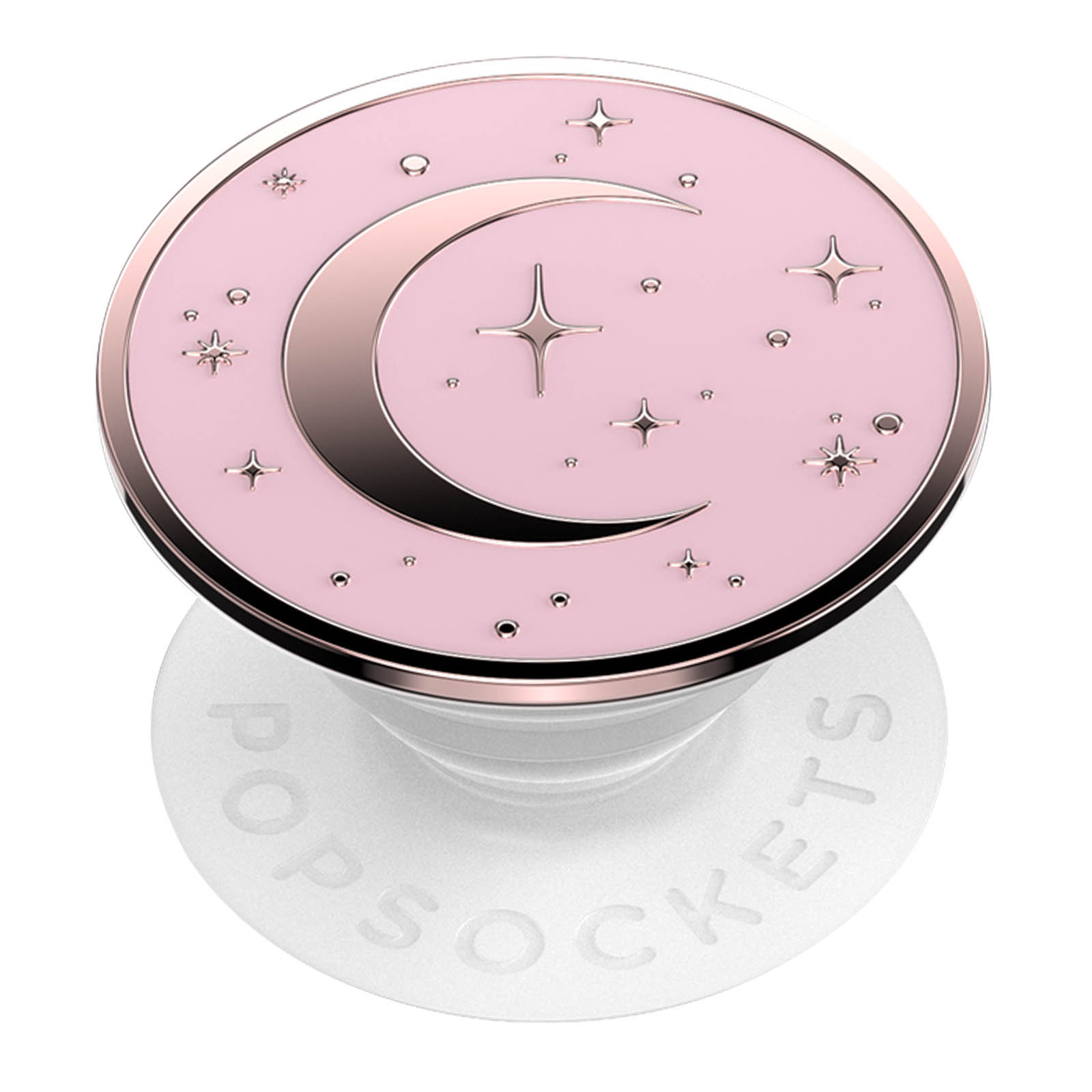 Ein pinkfarbener PopSocket mit Mond- und Sternenmuster, roségoldenen Akzenten und einer weißen Basis mit 'POPSOCKETS'-Aufdruck.