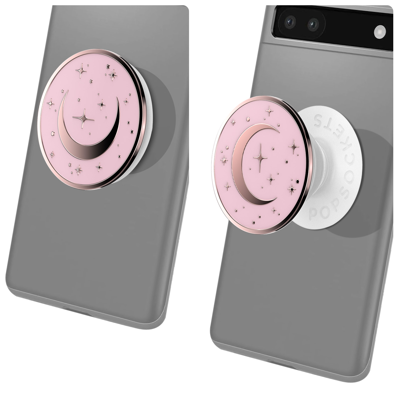 Zwei Telefone mit PopSockets. Jedes hat ein rosa Mond- und Stern-Design. Das Telefon ist grau.