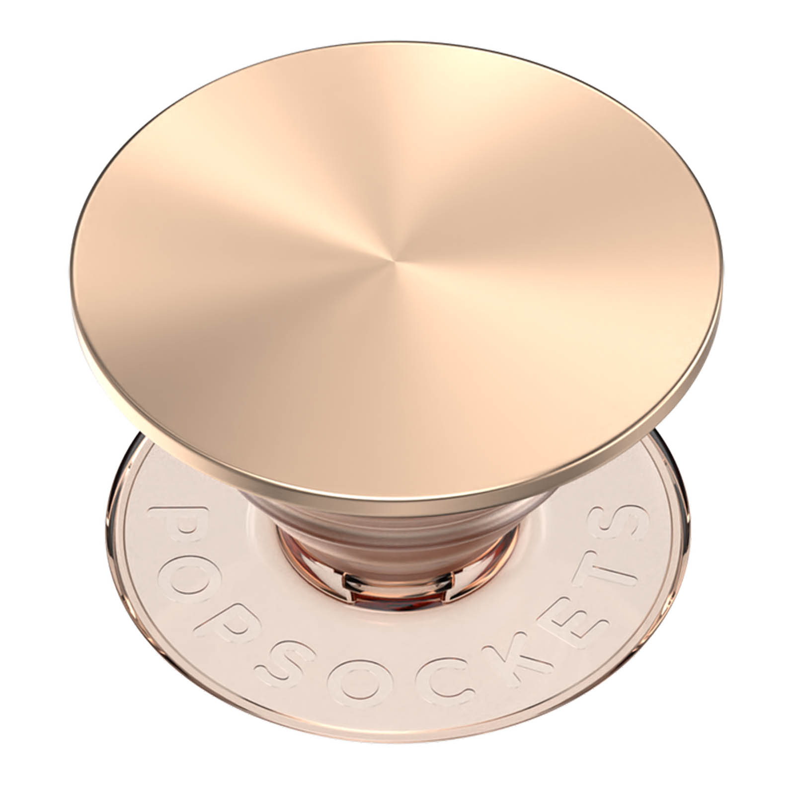 Ein roségoldener PopSockets-Telefonhalter. Er hat eine runde Oberseite und eine Basis mit dem PopSockets-Logo.