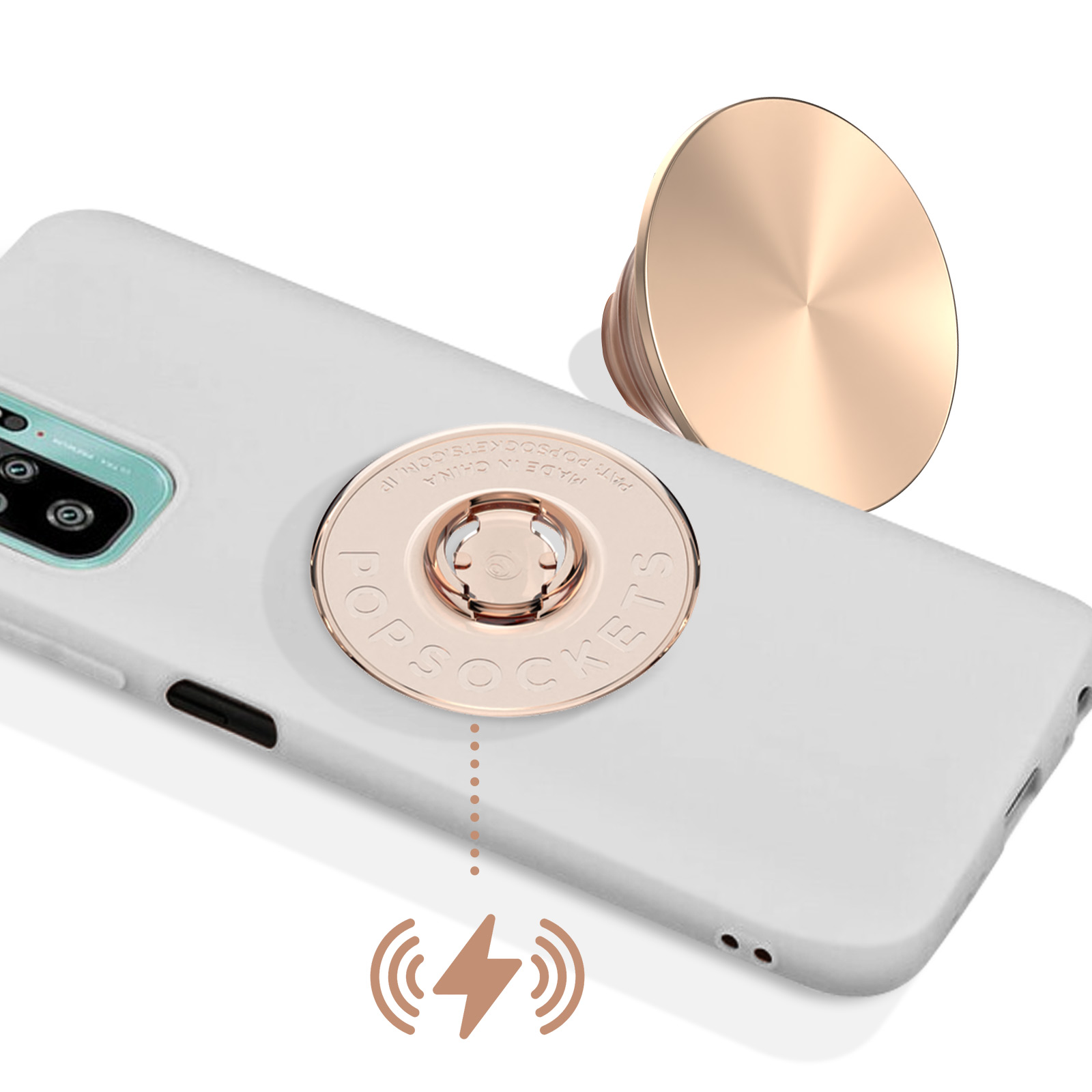 Ein weißes Telefon mit einem roségoldenen PopSocket und einem abgenommenen PopSocket. Kabelloses Ladesymbol unten.