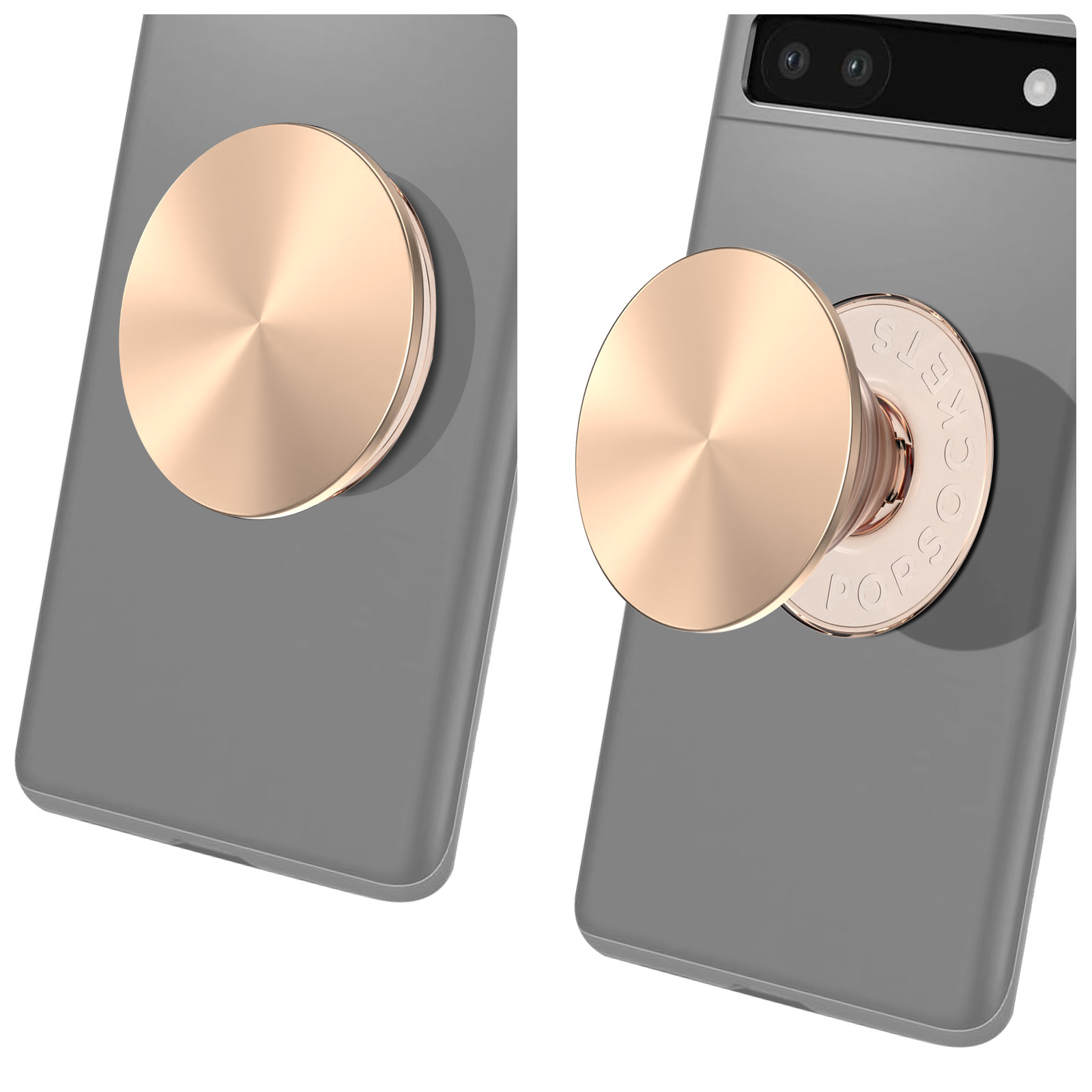 Zwei Telefone mit roségoldenen PopSockets. Das linke zeigt eine geschlossene Buchse, das rechte eine offene. Beide sind auf grauen Telefonen.