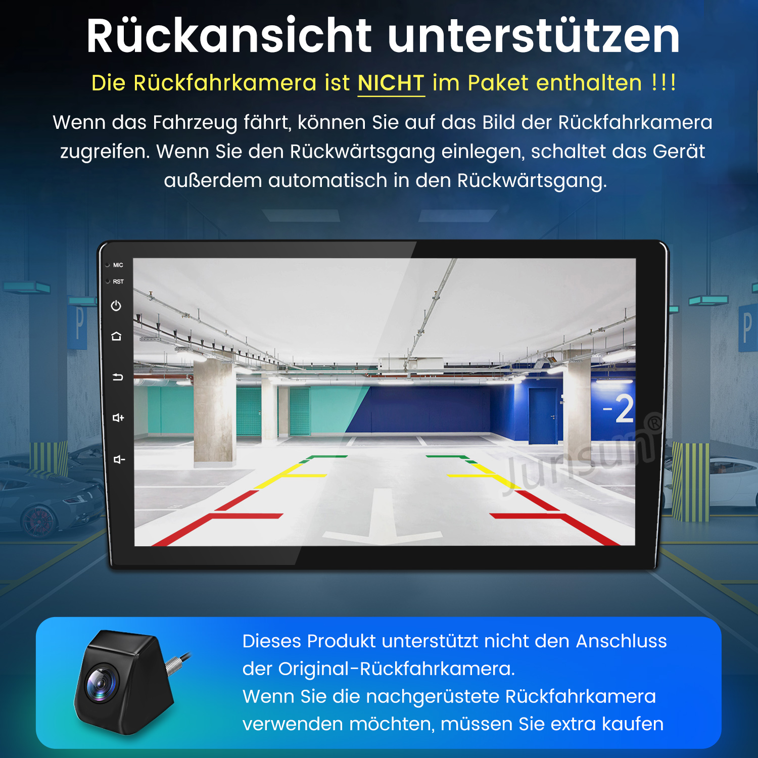 Das Bild zeigt die Rückfahrkameraansicht eines Autos in einer Parkgarage. Rote, gelbe und grüne Linien sind sichtbar.