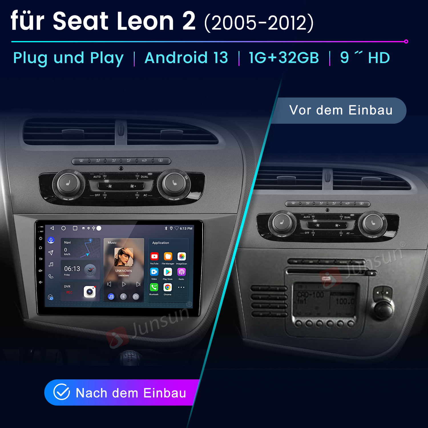 Vergleich des Armaturenbretts: Originalradio vs. Android-Bildschirm. Zeigt Musik-App, Navigation und Autosteuerung.