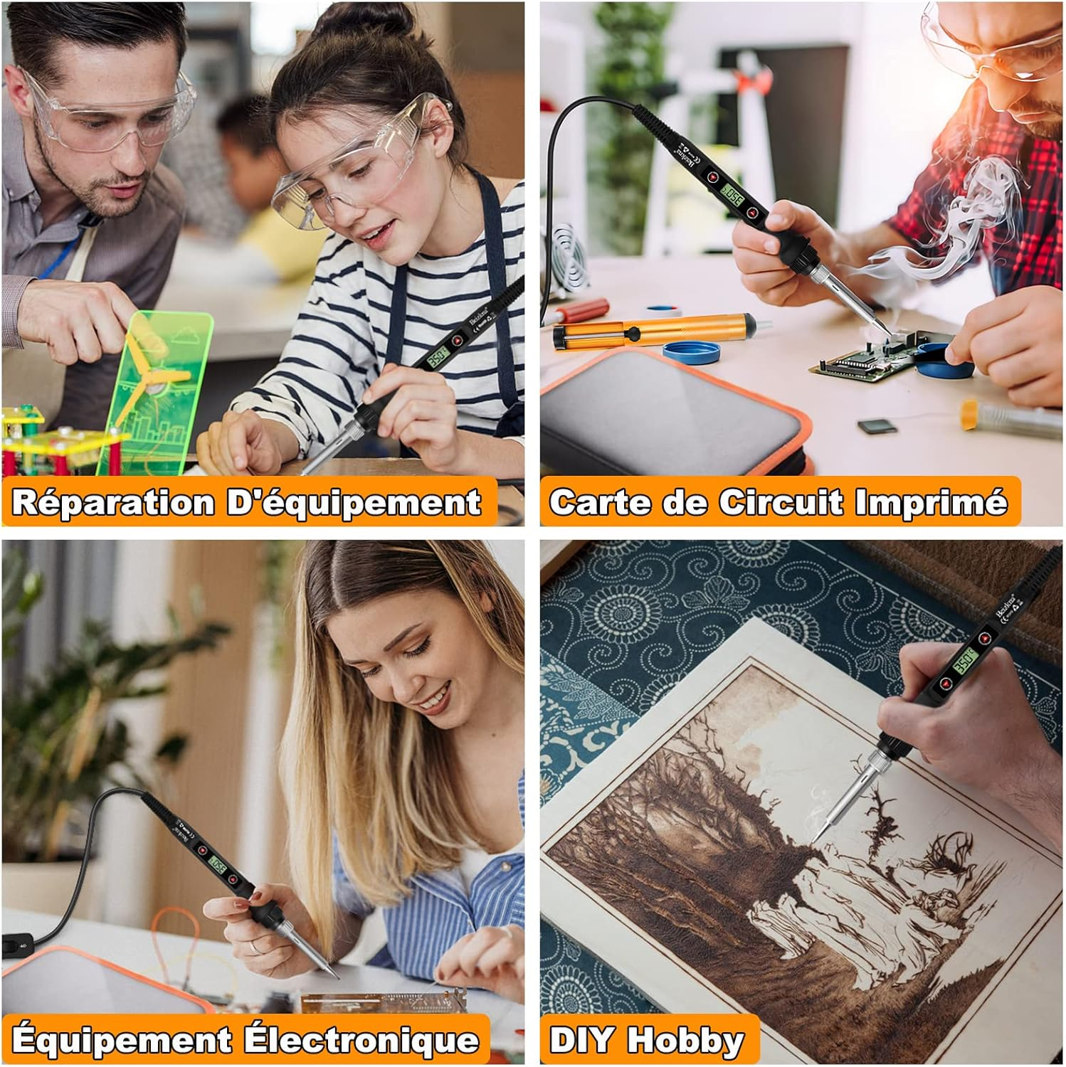 Vier Bilder zeigen Personen, die Lötkolben verwenden. Sie löten Leiterplatten, reparieren Geräte und machen DIY-Projekte. Alle tragen Schutzbrillen.