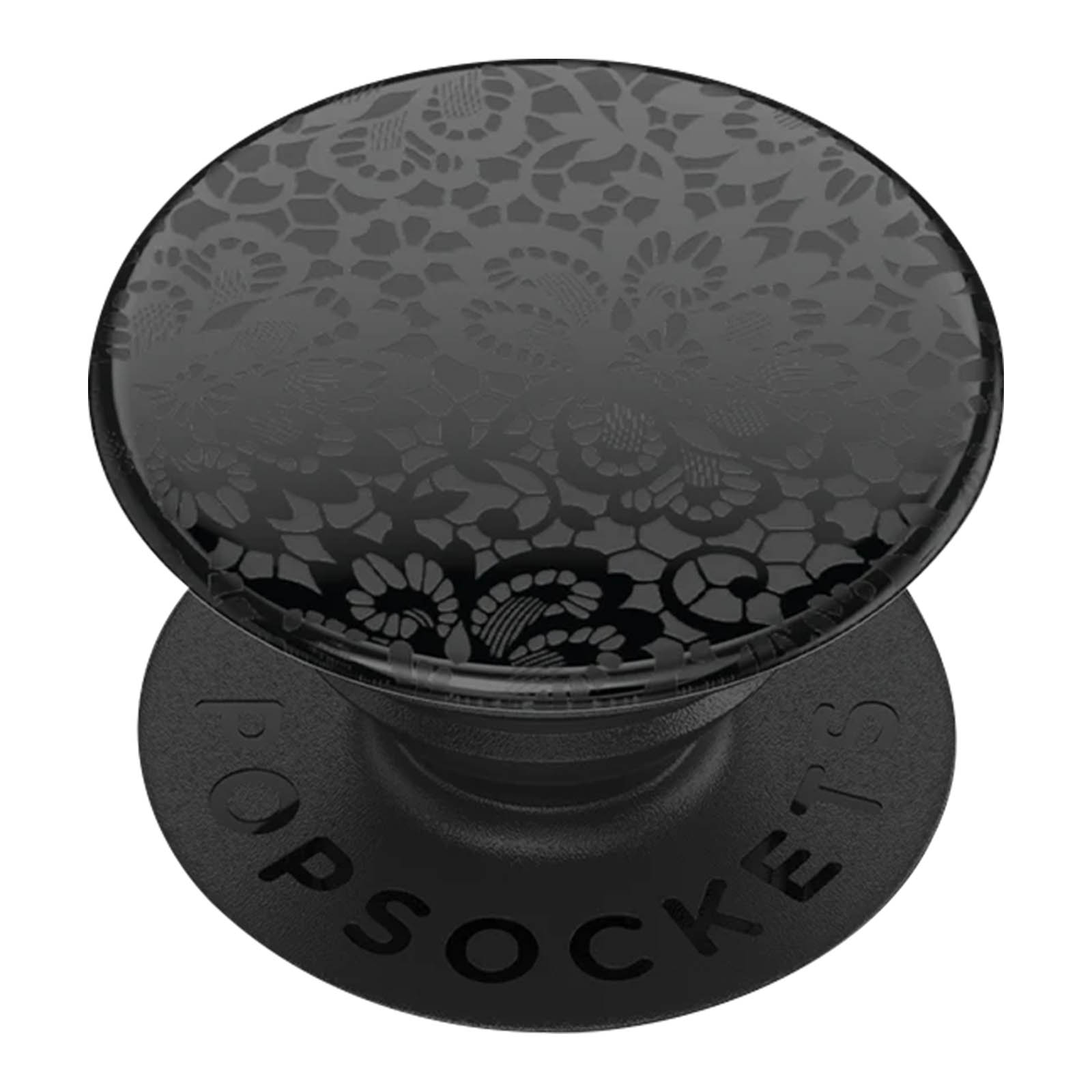 PopSocket nero con motivo a pizzo. La base ha la scritta "POPSOCKETS".