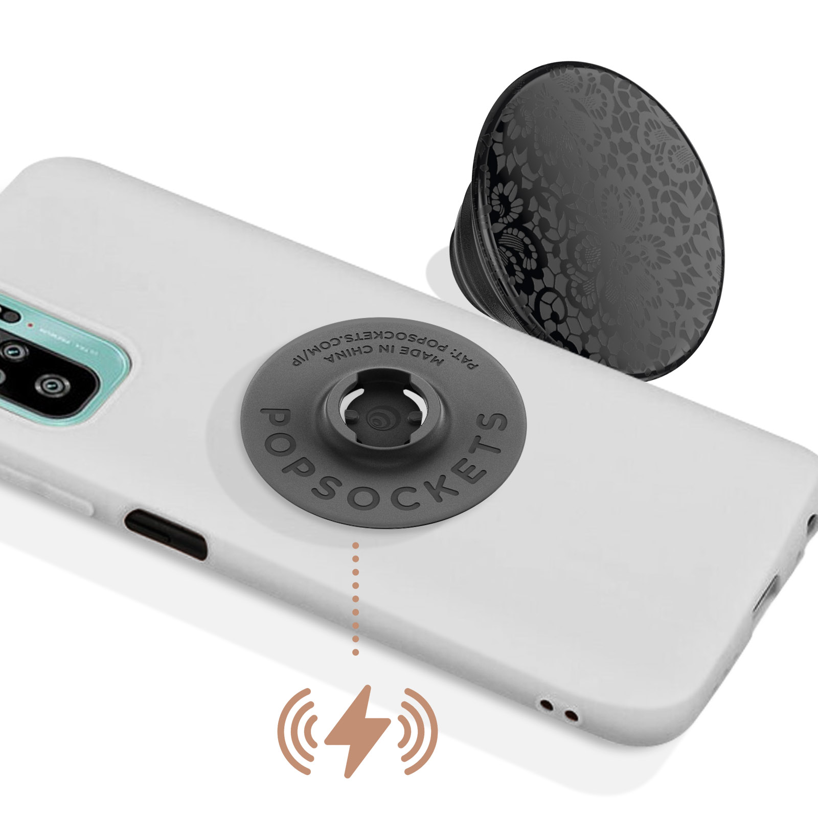 Un telefono bianco con un PopSocket grigio e un PopSocket nero a fantasia. L'icona di ricarica wireless è in basso.