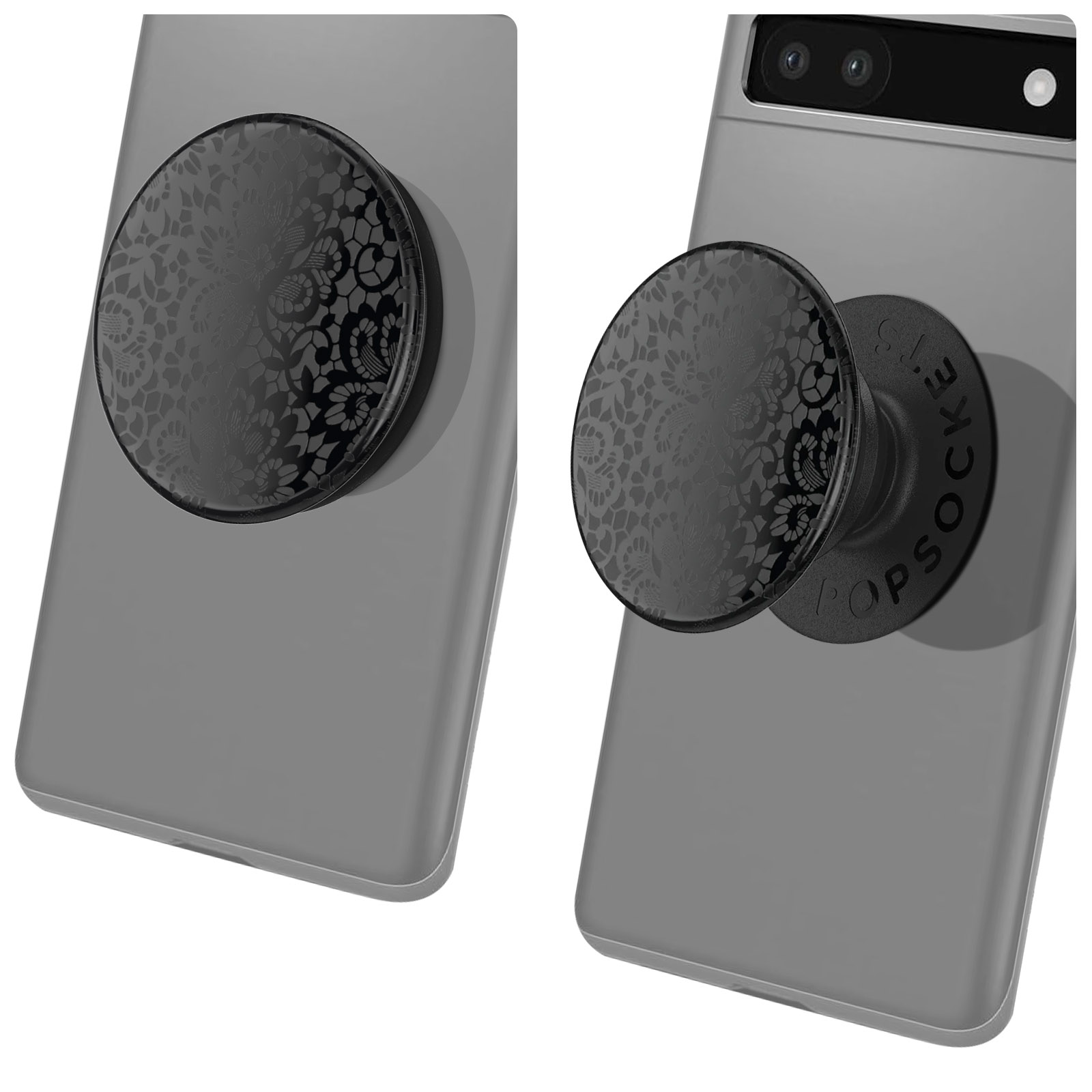 Due telefoni grigi con PopSockets neri. I PopSockets hanno un motivo floreale in pizzo.