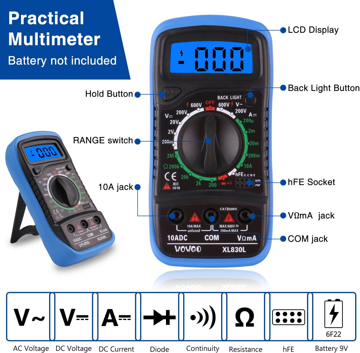 Ein blaues und schwarzes Multimeter mit LCD-Anzeige und verschiedenen Eingangsbuchsen. Beschriftet mit Spannung, Widerstand und anderen Funktionen.