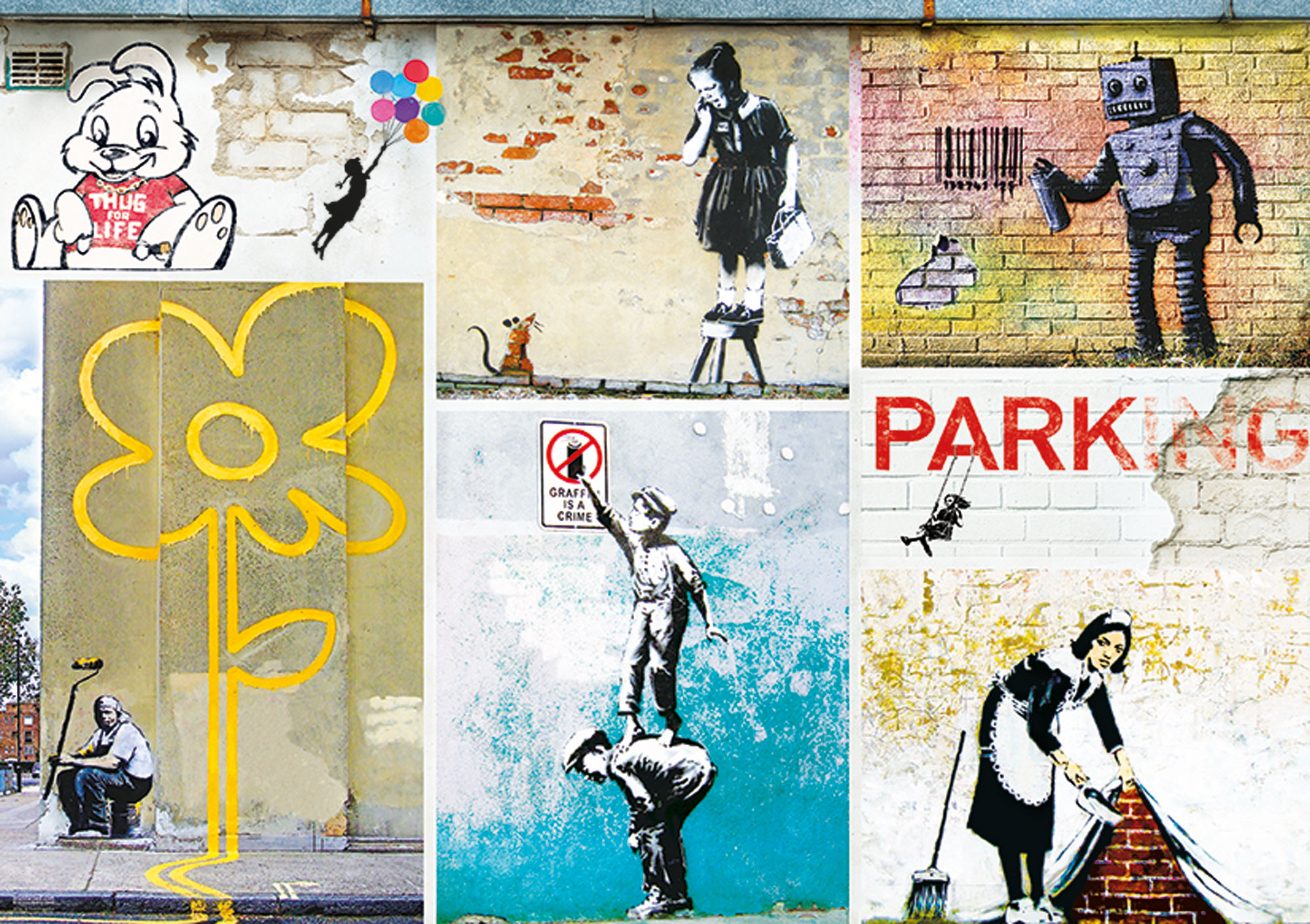 Straßenkunst-Collage. Enthält ein Cartoon-Kaninchen, ein Mädchen mit Luftballons, ein Mädchen auf einem Hocker, einen Roboter, einen Mann auf dem Rücken eines Mannes, ein Mädchen auf einer Schaukel und eine Frau.