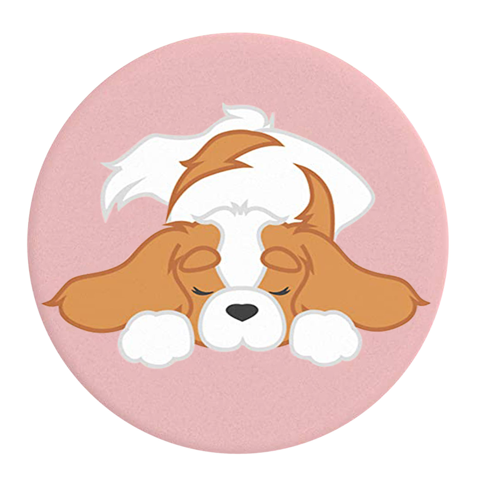 Un cane dei cartoni animati Cavalier King Charles Spaniel che dorme su un cerchio rosa. Il cane ha peli marroni e bianchi con gli occhi chiusi.
