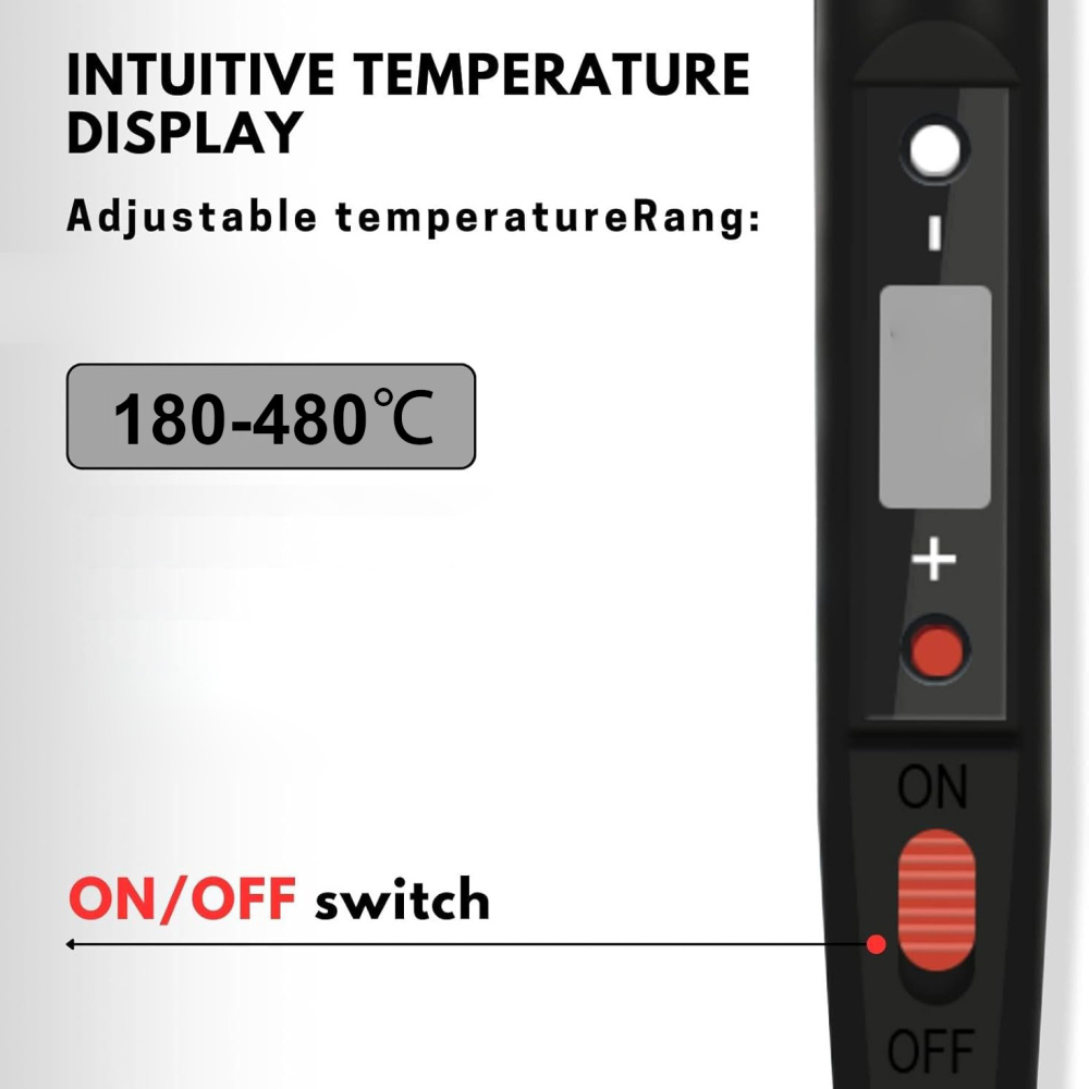 Schwarzer Lötkolben mit Temperaturanzeige, einstellbarem Temperaturbereich 180-480°C und Ein/Aus-Schalter.