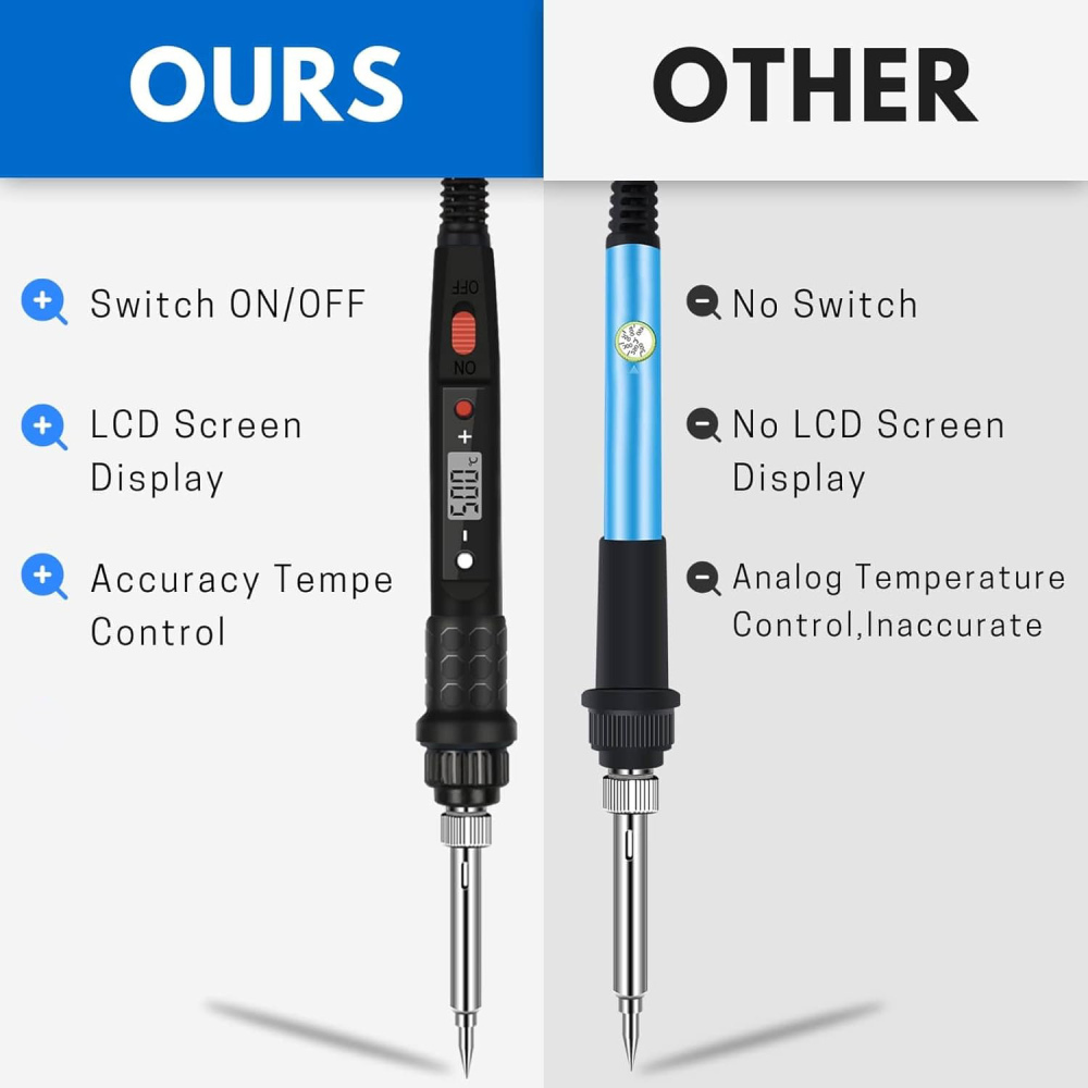 Vergleich von Lötkolben: links mit Schalter, LCD, genauer Temp. Rechts ohne diese und ungenaue analoge Temp.-Regelung.