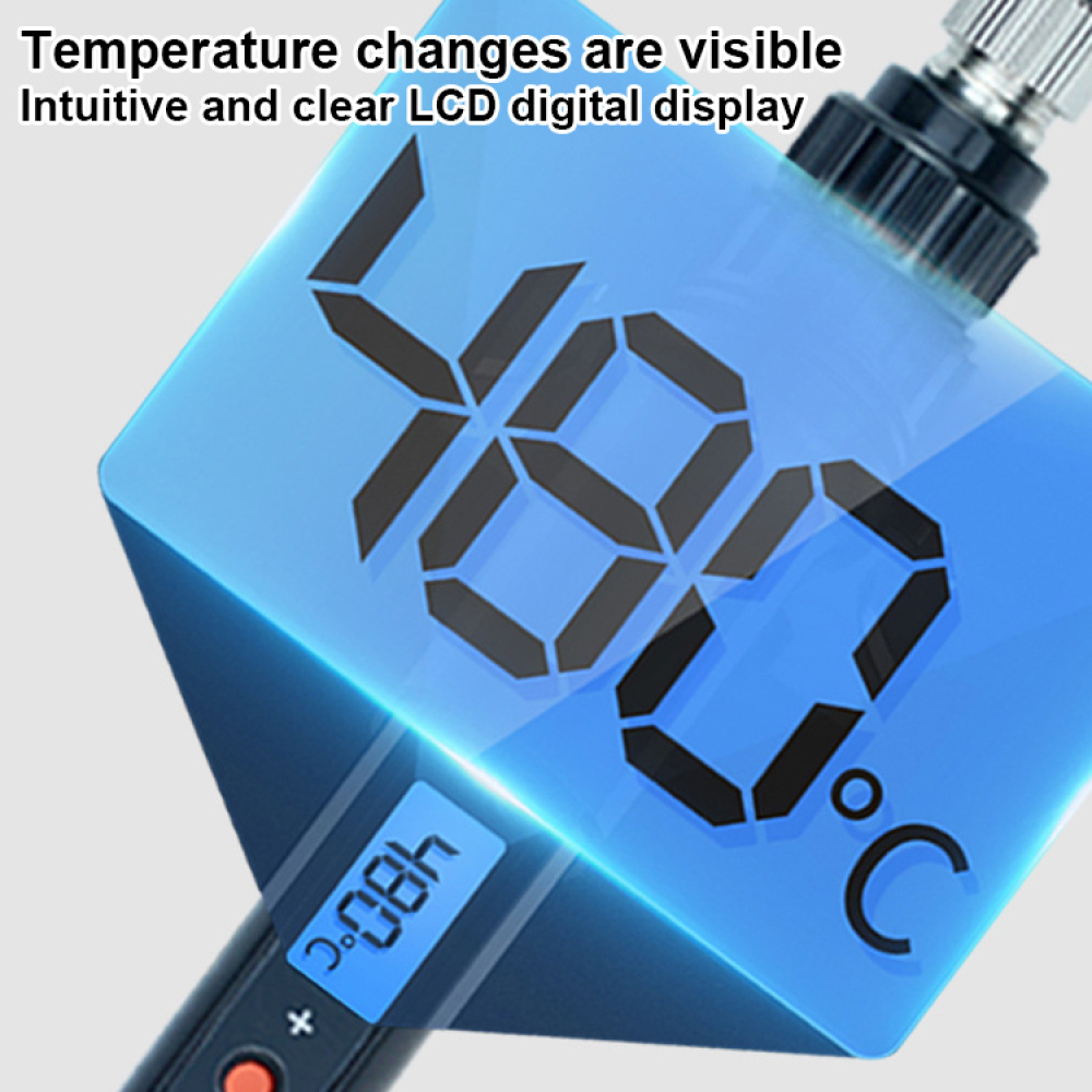 Digitalanzeige mit 480°C. Ein kleineres Display zeigt 480°C. Es gibt eine „+“-Taste. Der Hintergrund ist blau.
