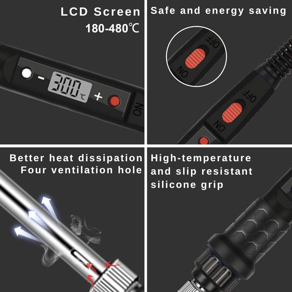 Ein LCD-Bildschirm zeigt 300°C an. Das Bild zeigt Details eines Lötkolbens, einschließlich eines EIN/AUS-Schalters und eines Silikongriffs.