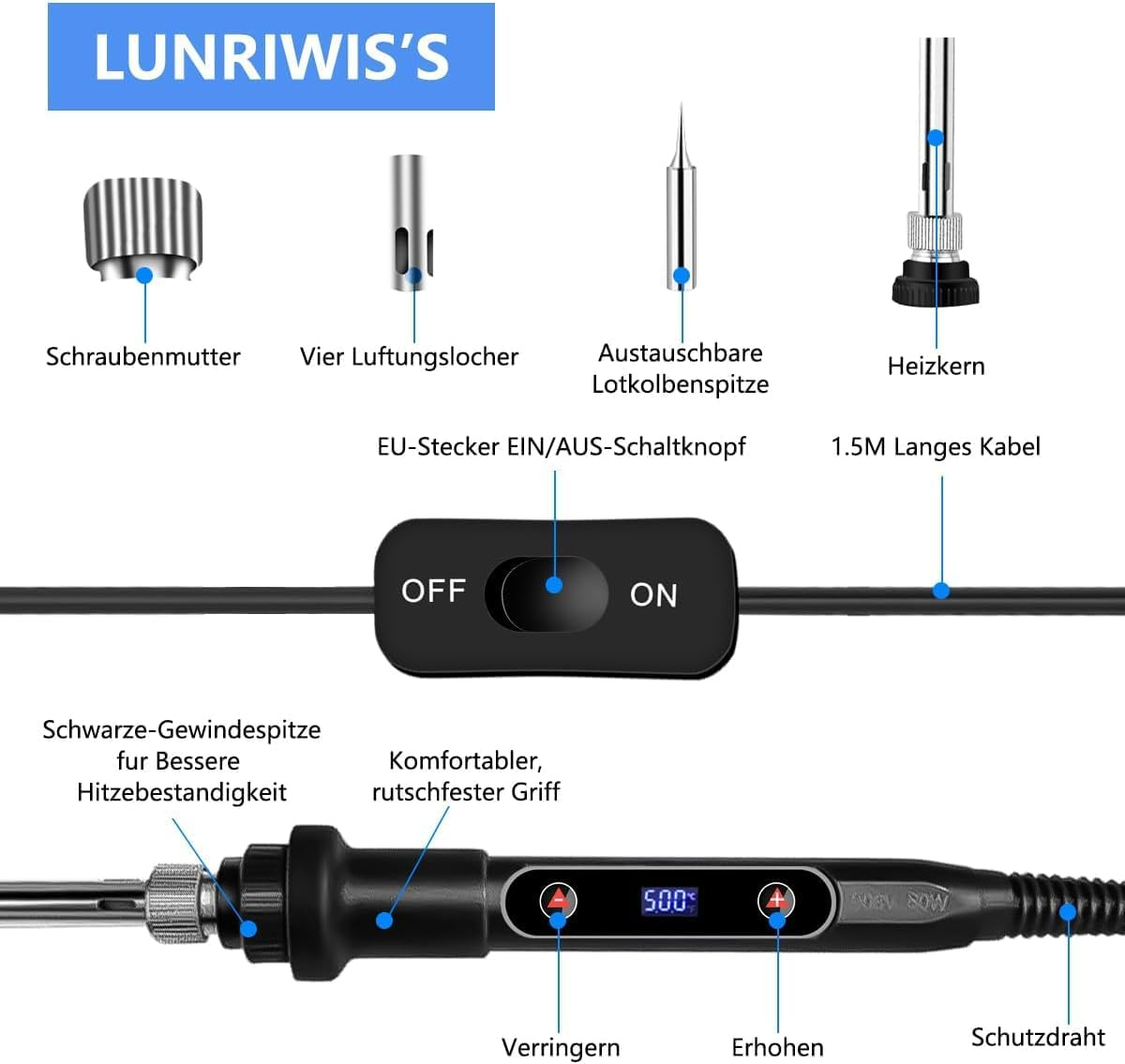 Lötkolben mit verschiedenen Komponenten, beschriftet auf Deutsch, einschließlich Spitze, Schalter, Heizelement und Leistungsregelung.