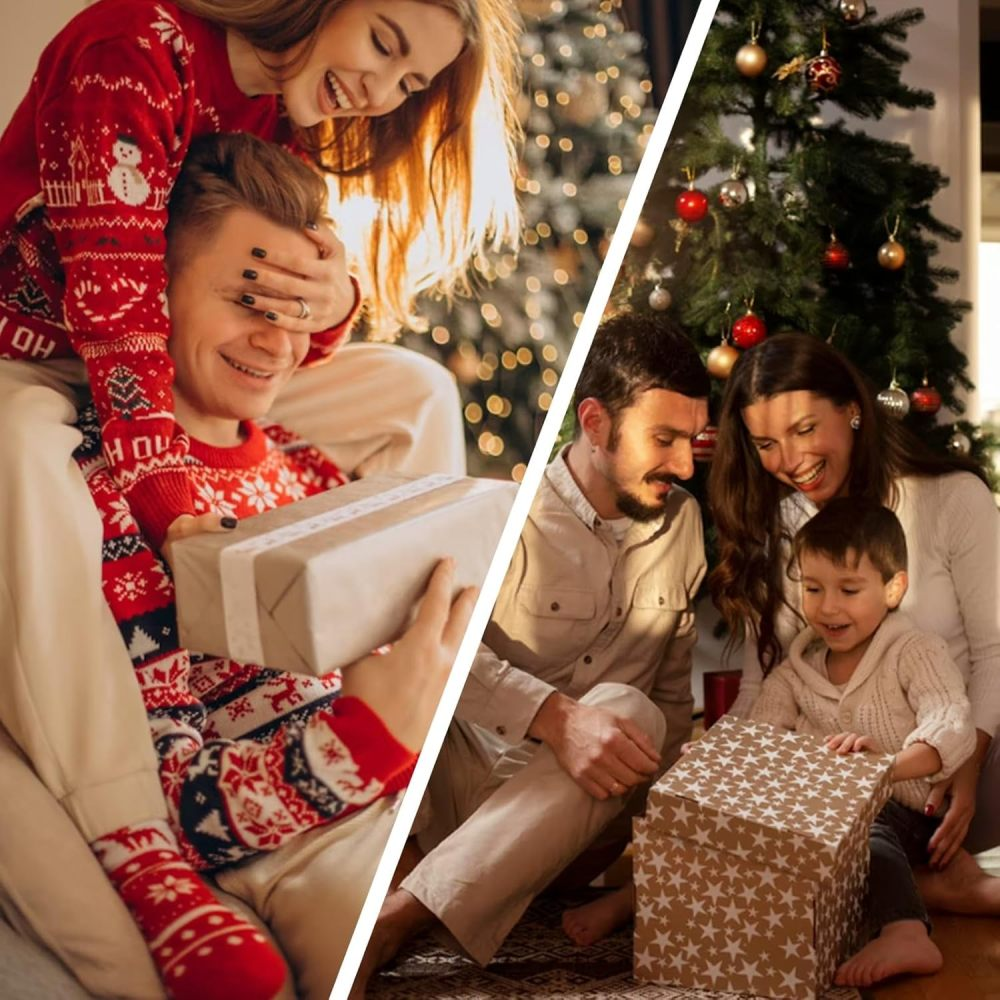 Zwei Familien öffnen Geschenke an einem Weihnachtsbaum. Ein Mann wird von einem Geschenk überrascht, eine andere Familie öffnet glücklich ein Geschenk.