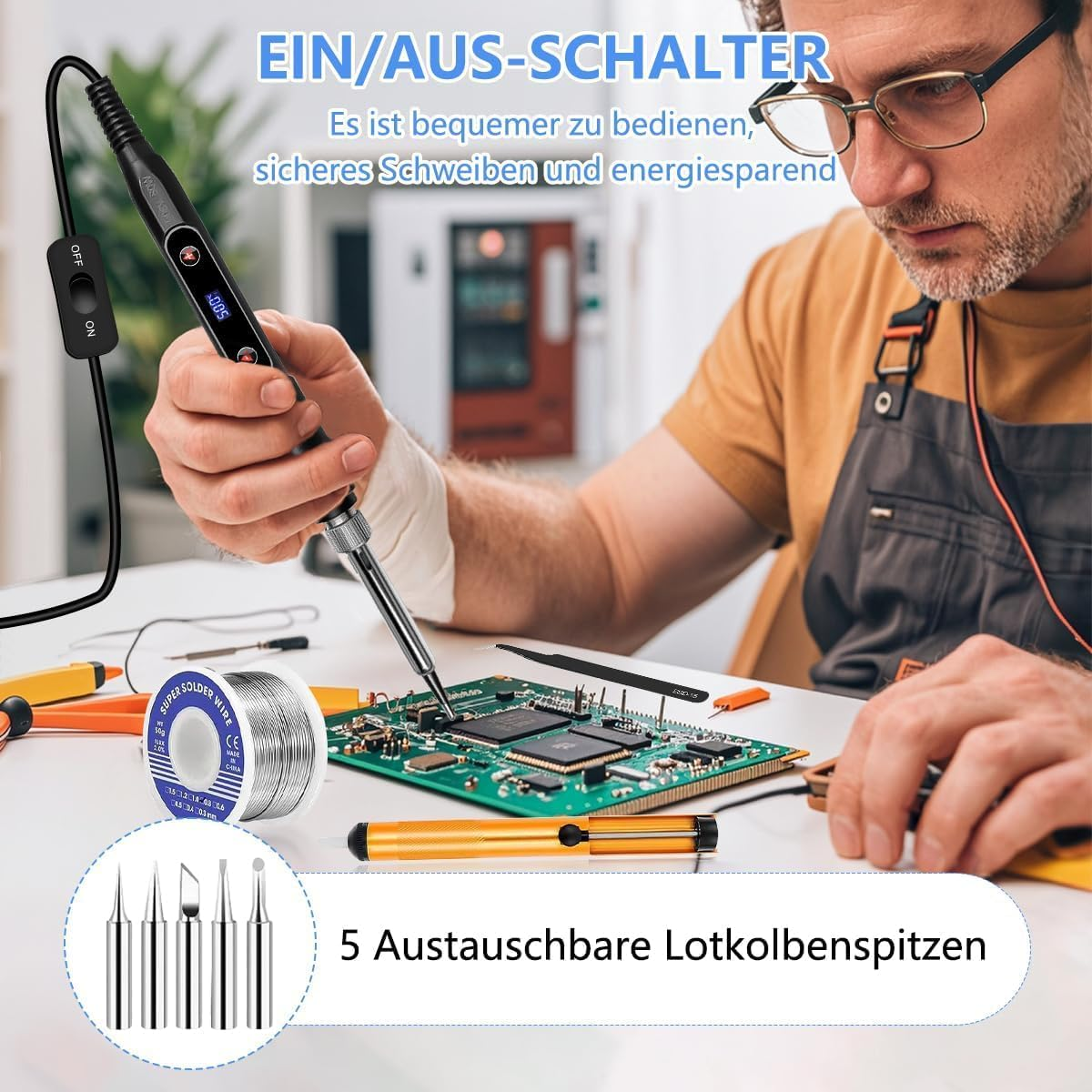Mann lötet eine Leiterplatte mit einem Lötkolben. Werkzeuge, Lot und Spitzen liegen auf der weißen Oberfläche. Text: EIN/AUS-SCHALTER.