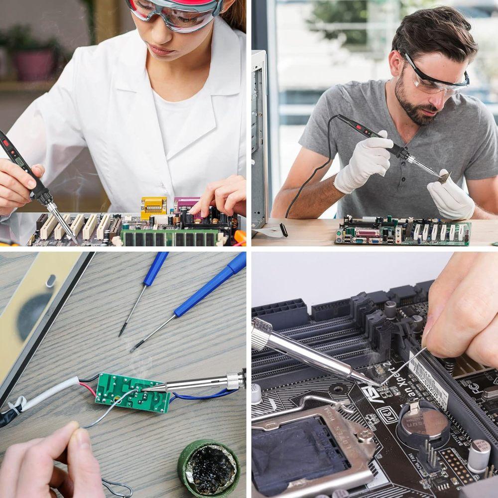 Vier Bilder zeigen Menschen beim Löten elektronischer Komponenten. Sie verwenden Lötkolben auf Leiterplatten und tragen Schutzbrillen und Handschuhe.