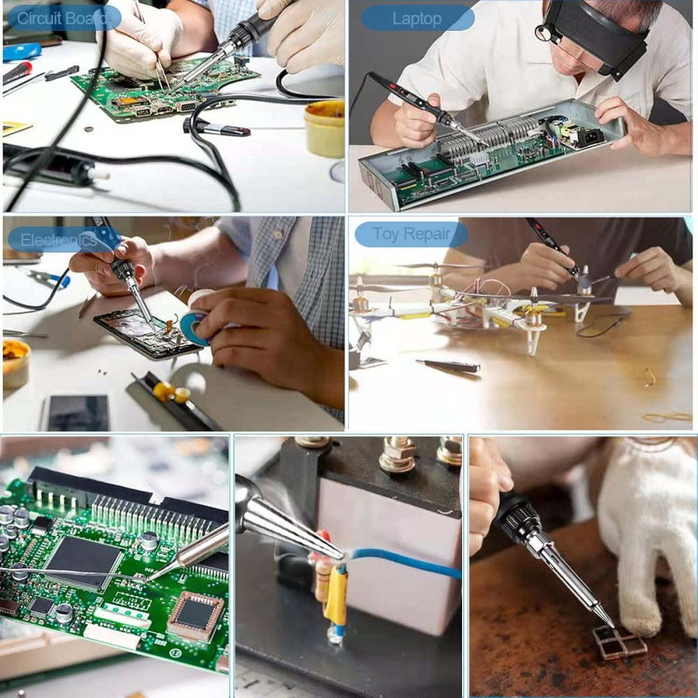 Eine Collage zeigt das Löten von Elektronik: Leiterplatte, Laptop, Telefon, Spielzeugreparatur und Nahaufnahmen von Lötkomponenten. Menschen arbeiten.