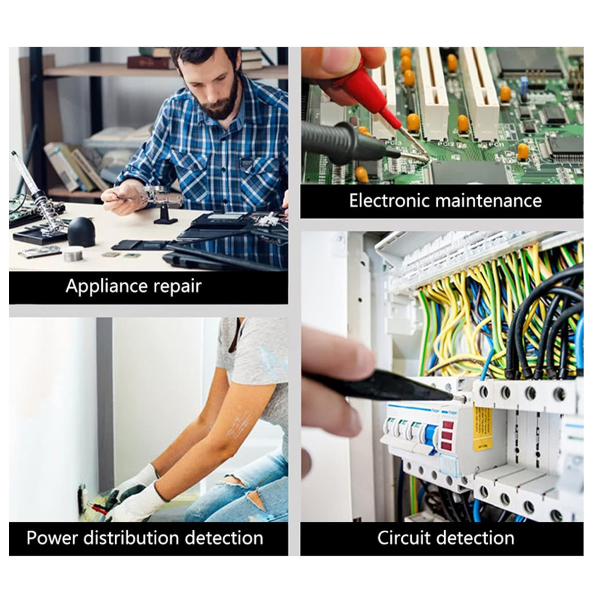 Das Bild zeigt Gerätereparatur, elektronische Wartung, Stromverteilungsdetektion und Stromkreisdetektion, jeweils mit einer arbeitenden Person.
