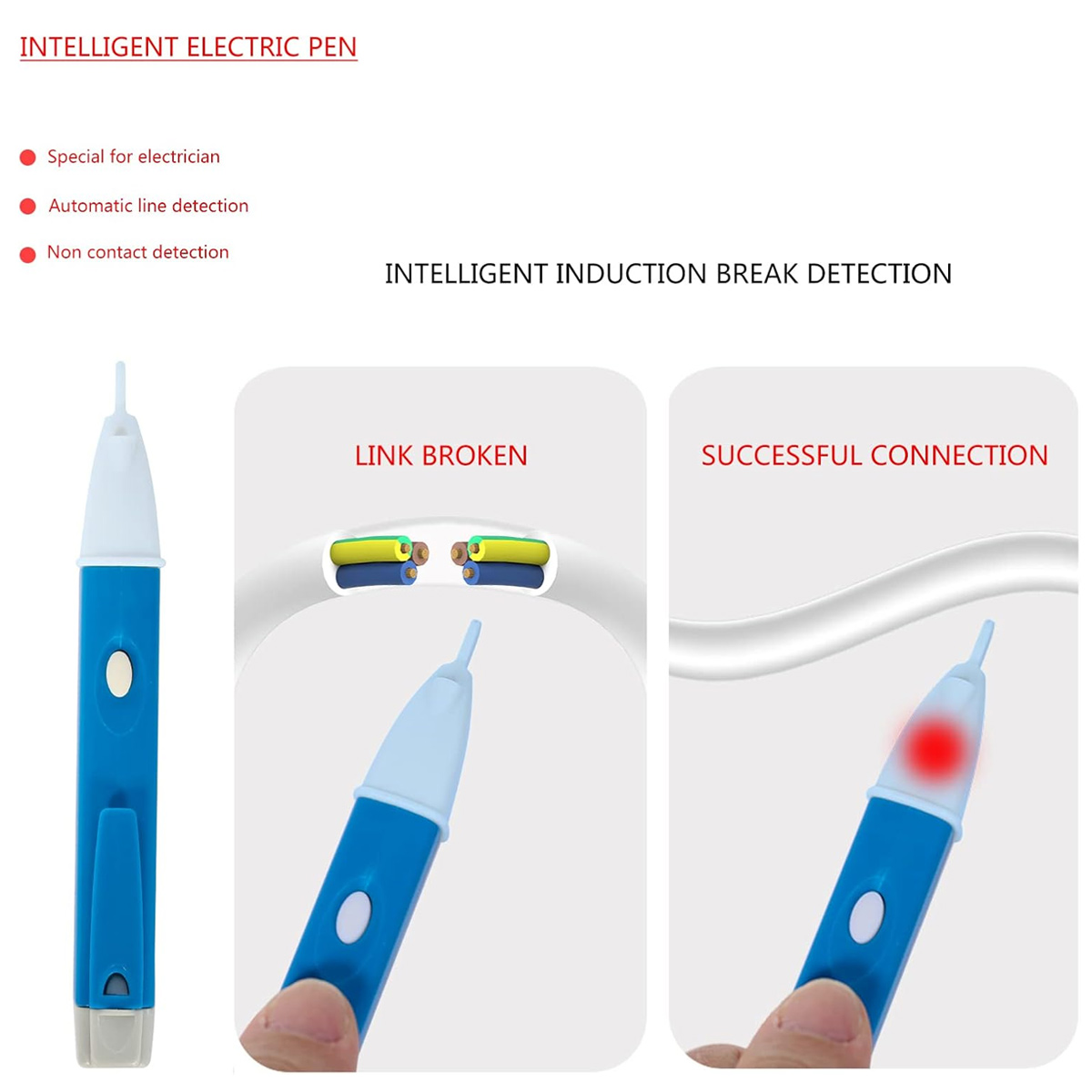 Ein elektrischer Stift mit blauem Griff und weißer Spitze. Er zeigt einen unterbrochenen und verbundenen Draht und Text, der Elektriker und Leitungserkennung erwähnt.