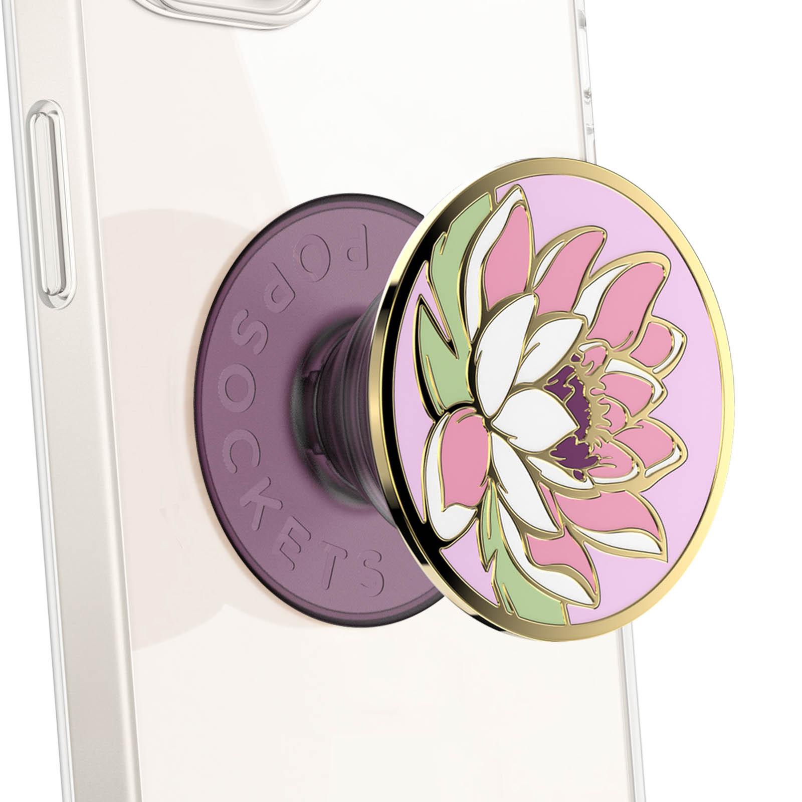 Un'impugnatura PopSockets su un telefono. L'impugnatura è un design a fiore rosa con finiture dorate. Il telefono è bianco.