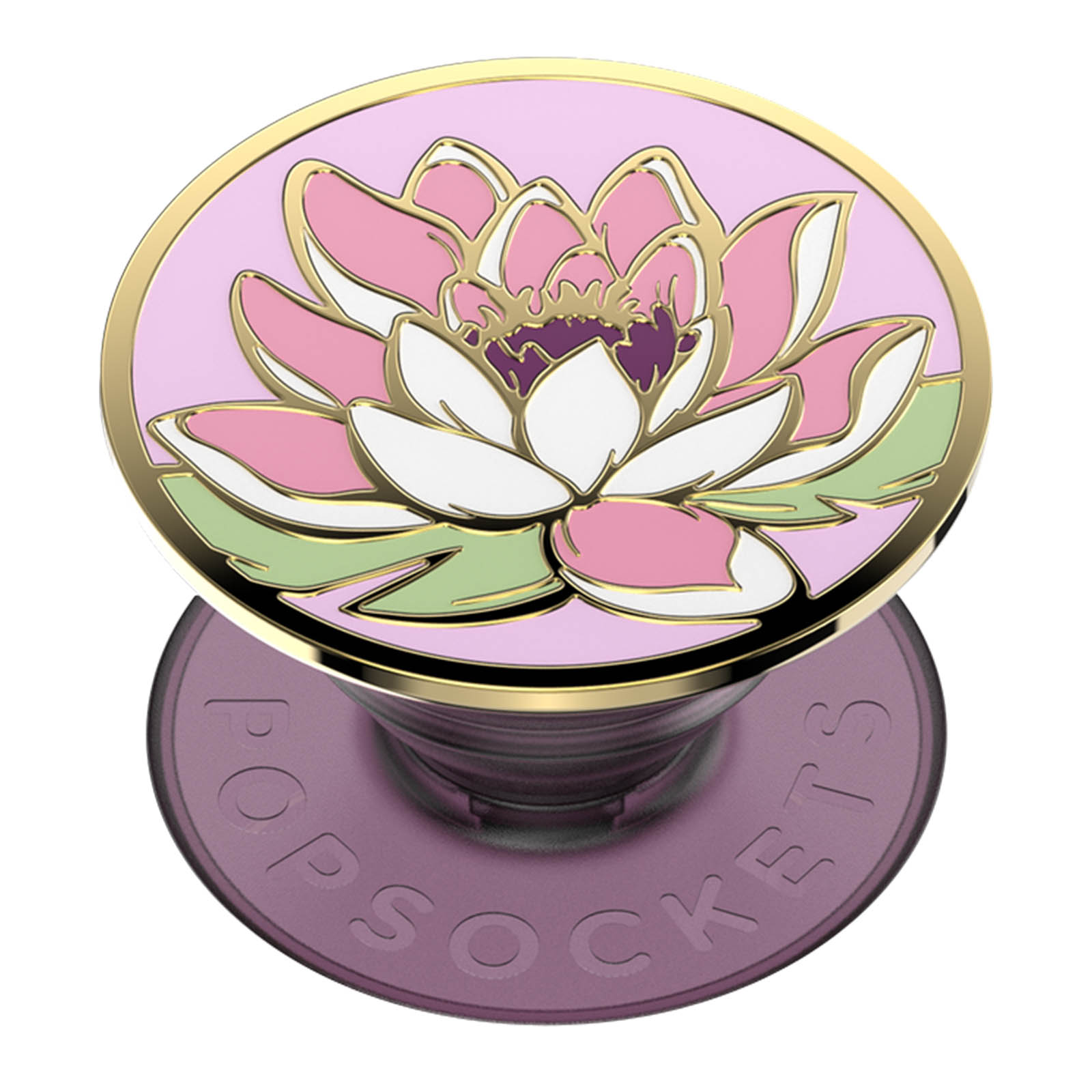 Un PopSocket con un design a fiore di loto rosa. Il fiore è dettagliato con petali bianchi, rosa e verdi, finiture dorate e centro viola.