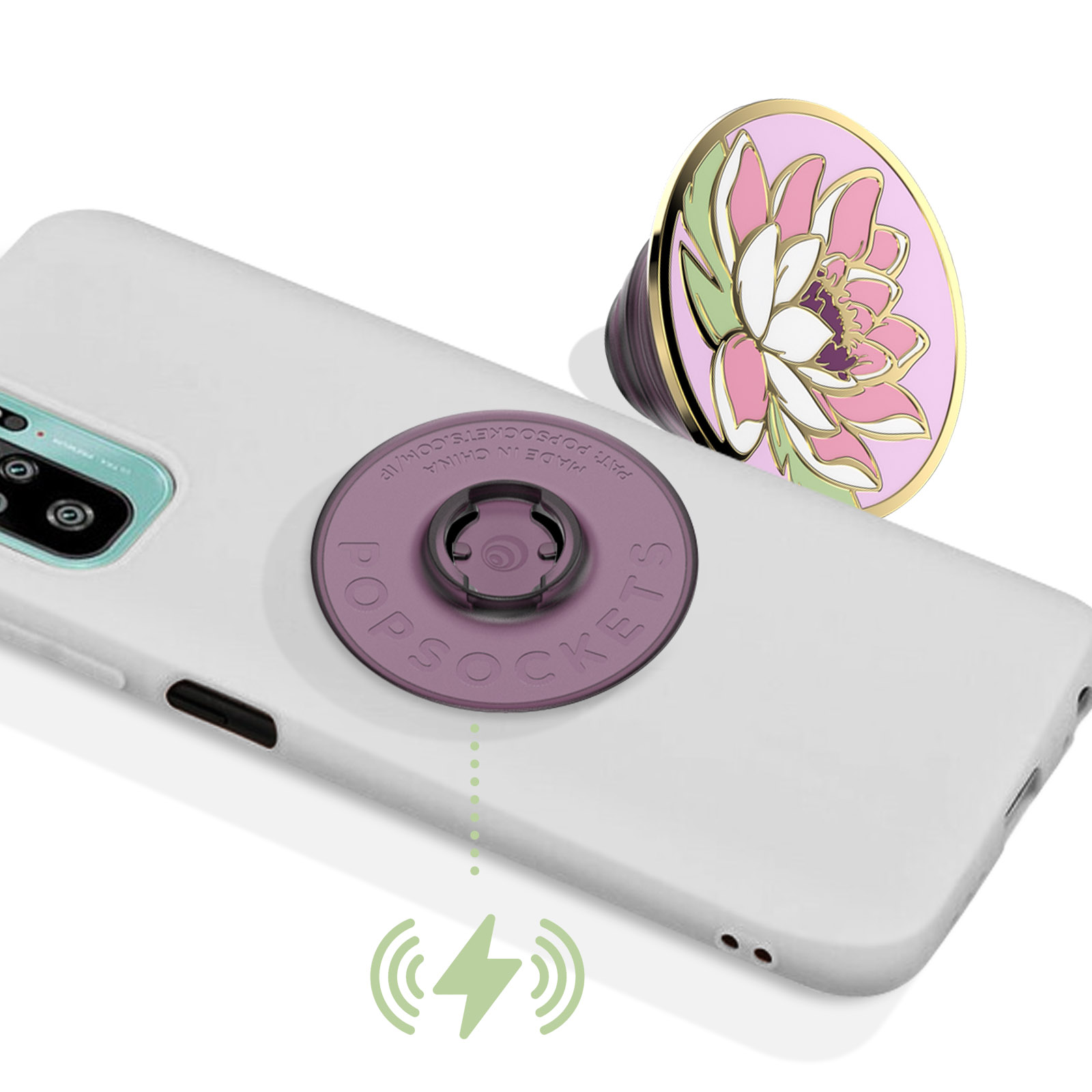 Un telefono bianco con un Popsocket viola. Un Popsocket a fiori rosa e bianchi è accanto ad esso. Viene mostrato un simbolo di ricarica wireless.