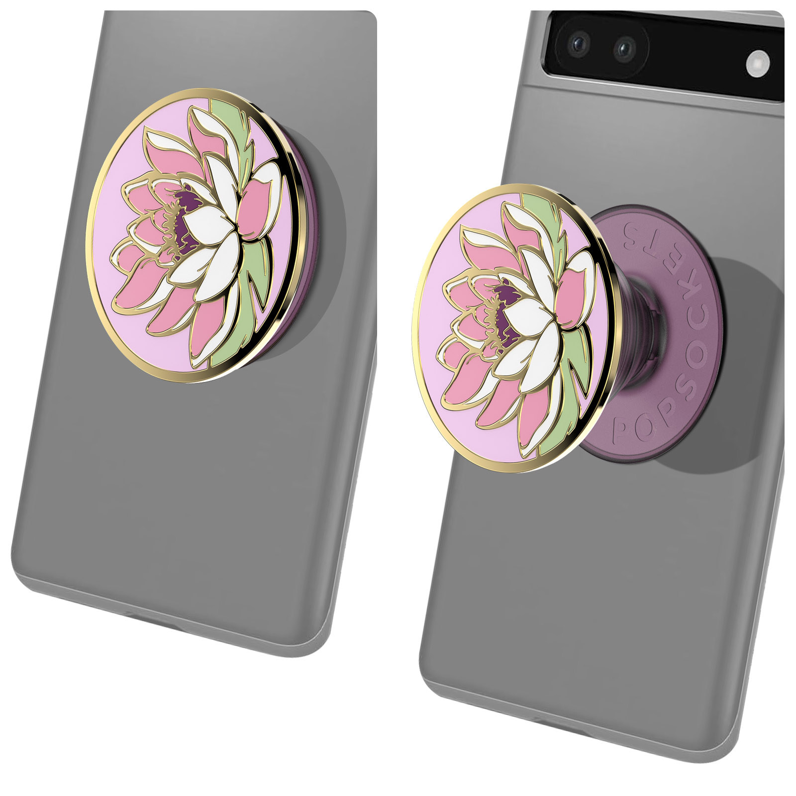 Un telefono con un'impugnatura PopSockets floreale. L'impugnatura presenta un design floreale rosa, bianco e verde. Il telefono è grigio.