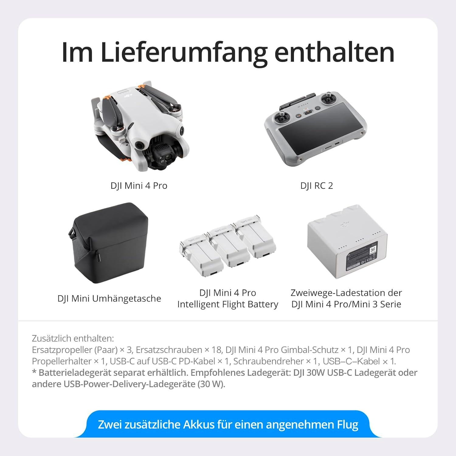 Das Bild zeigt DJI Mini 4 Pro Drohne, RC 2 Controller, Mini-Tasche, Batterien und eine Ladestation. Text gibt die enthaltenen Artikel an.