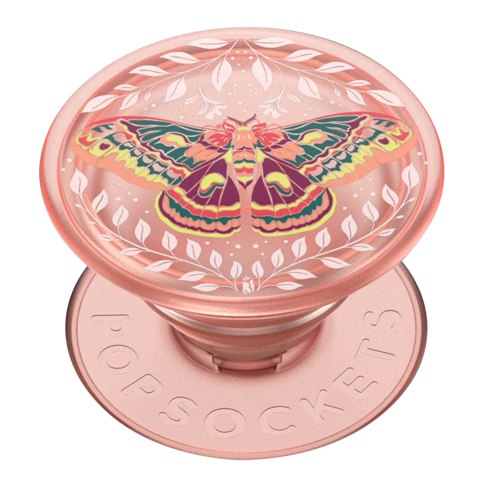 Un'impugnatura PopSockets color oro rosa con un design a farfalla colorato. Sono visibili foglie e la parola 'POPSOCKETS'. Sfondo bianco.