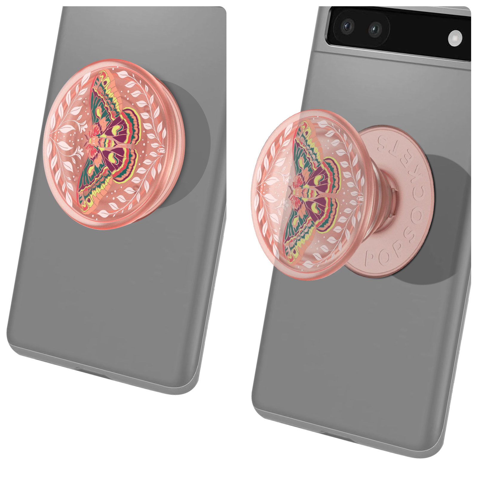 Due telefoni con un PopSocket a farfalla. Il PopSocket è rosa con un disegno a farfalla. I telefoni sono grigi.