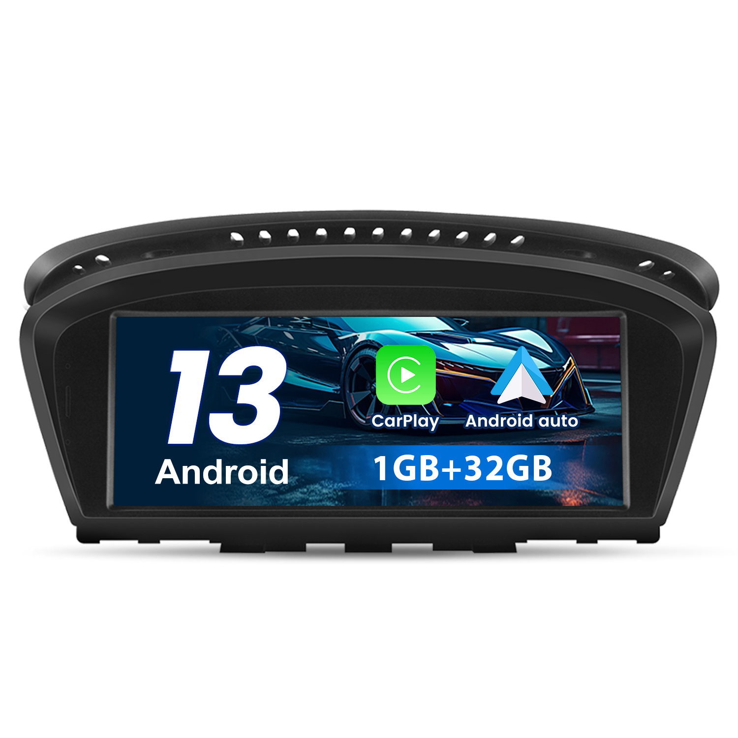 Schwarzes Auto-Armaturenbrett mit Bildschirm, der Android 13, ein Auto und CarPlay/Android Auto-Symbole sowie Speicherdetails anzeigt.
