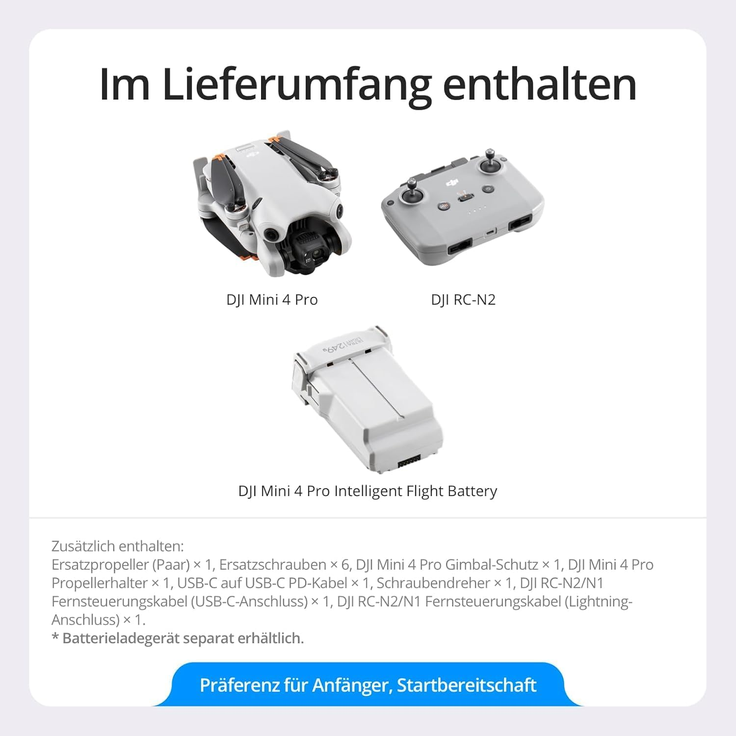 Das Bild zeigt die Drohne DJI Mini 4 Pro, den DJI RC-N2-Controller und die DJI Mini 4 Pro Intelligent Flight Battery.