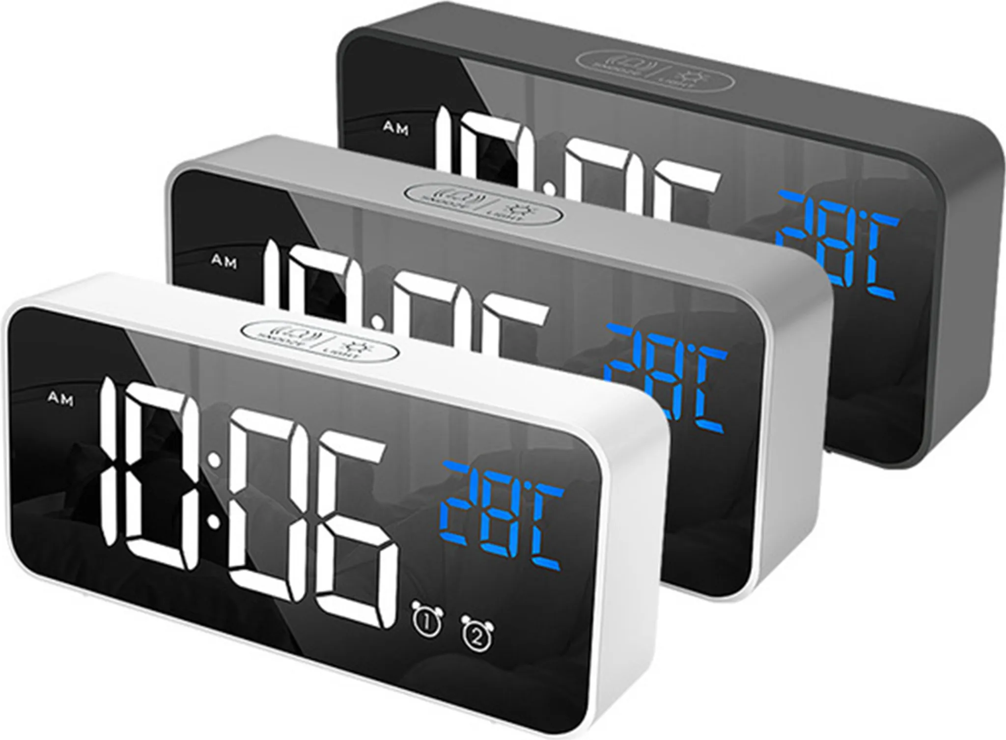 Drei digitale Wecker in Weiß, Grau und Schwarz, die Zeit und Temperatur anzeigen. Die angezeigte Zeit ist 10:06 Uhr und 28 °C.