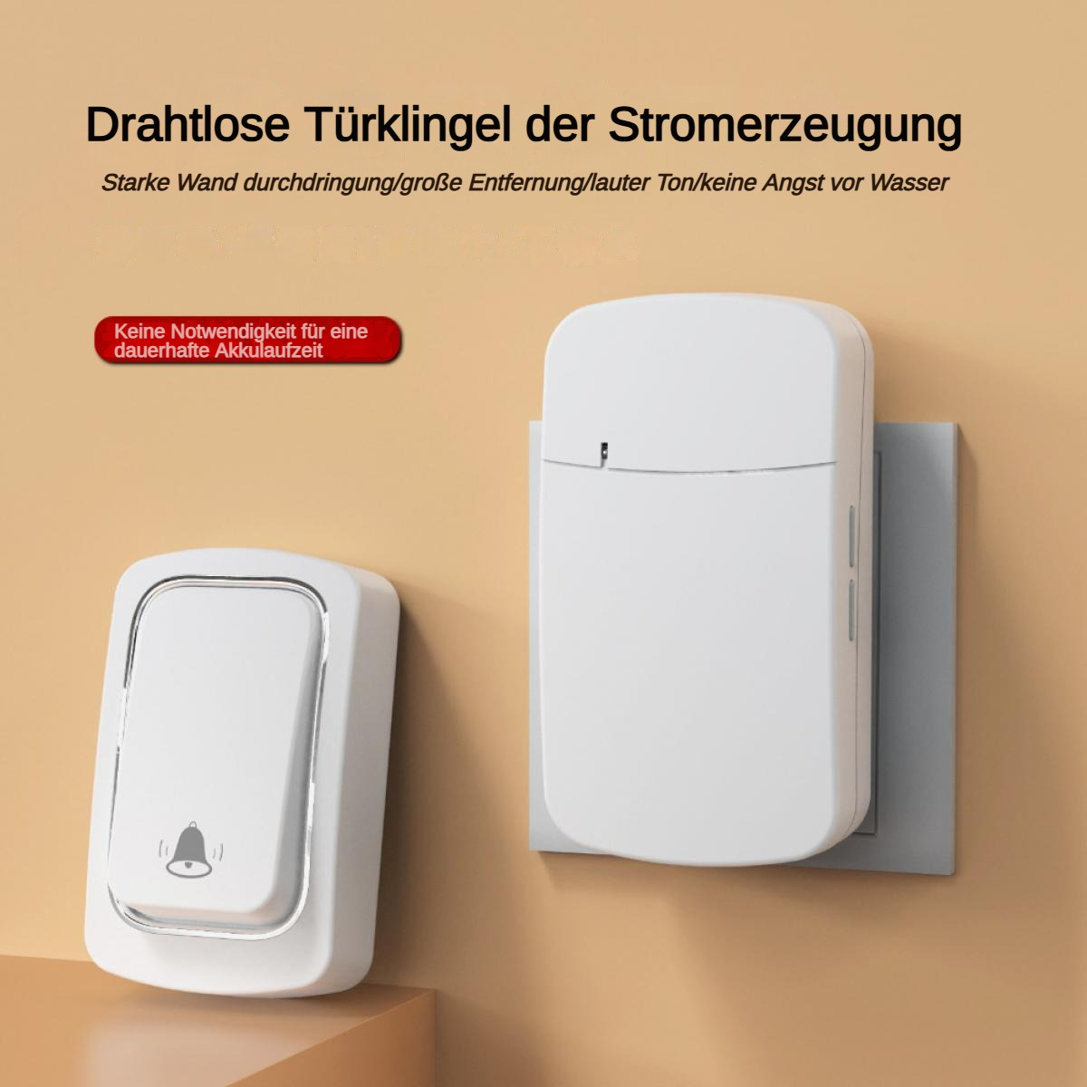 Ein drahtloses Türklingelset. Rechteckige weiße Taste links, Empfänger rechts. Text oben und eine rote Box unten.