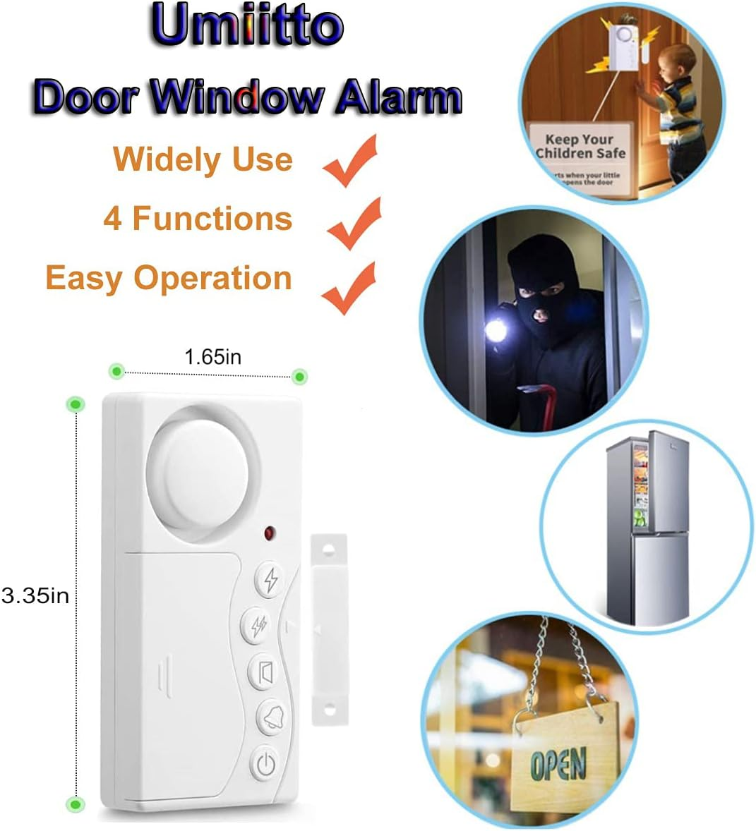 Weißer Tür-/Fensteralarm mit Maßangaben. Insets zeigen Kindersicherheit, Einbrecher mit Taschenlampe, offenes Schild und Kühlschrank.