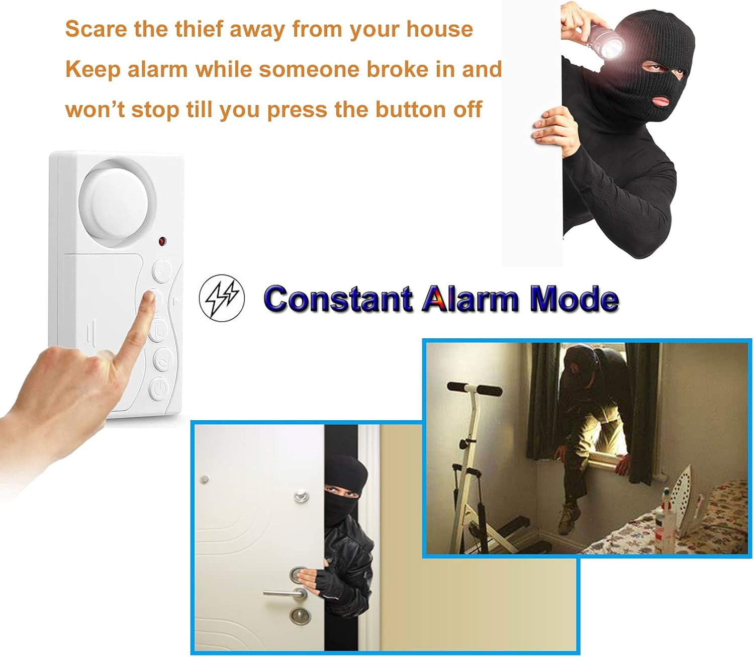 Das Bild zeigt einen Sicherheitsalarm, einen Einbrecher mit einer Taschenlampe und einen Einbrecher, der durch ein Fenster und eine Tür in ein Haus einbricht.