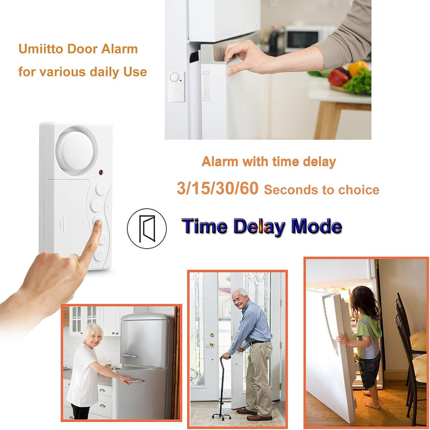 Das Bild zeigt einen Türalarm und Personen, die mit Türen interagieren. Text sagt: Umiitto Door Alarm, Time Delay Mode und 3/15/30/60 Sekunden.