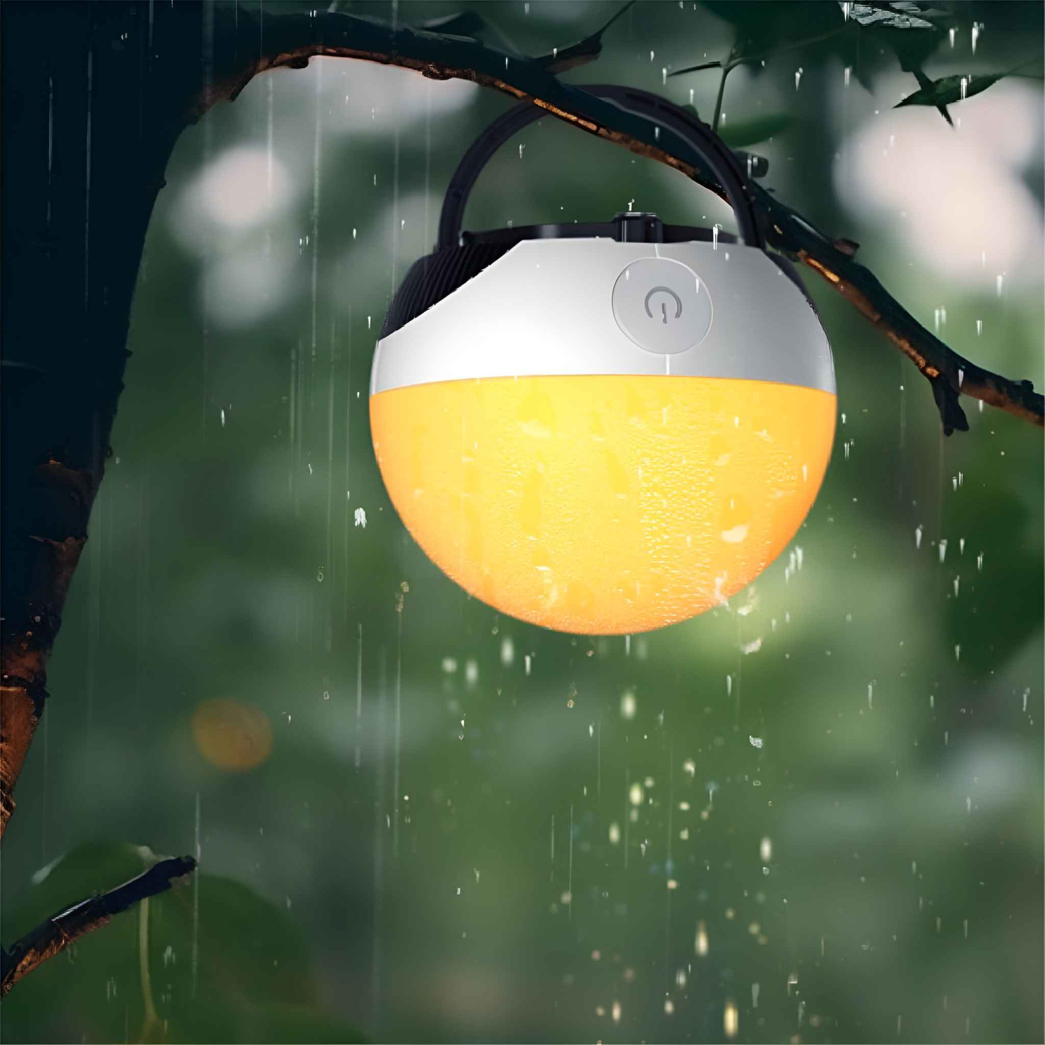 Eine runde, weiß-gelbe Campinglaterne hängt im Regen an einem Ast.